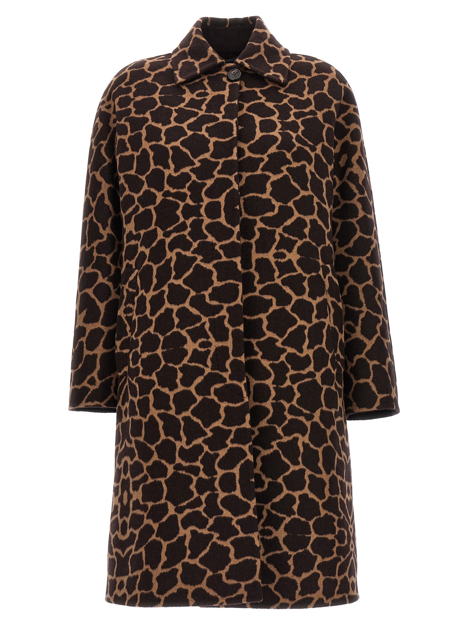 Elevate your wardrobe with the Max Mara Brown Virgin Wool Coat, a luxurious statement piece featuring a chic giraffe jacquard pattern, crafted for timeless elegance.