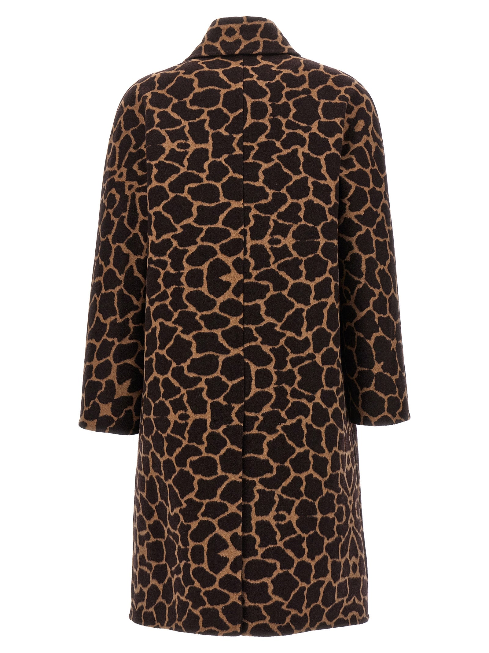 Elevate your wardrobe with the Max Mara Brown Virgin Wool Coat, a luxurious statement piece featuring a bold giraffe jacquard pattern, crafted for timeless sophistication.