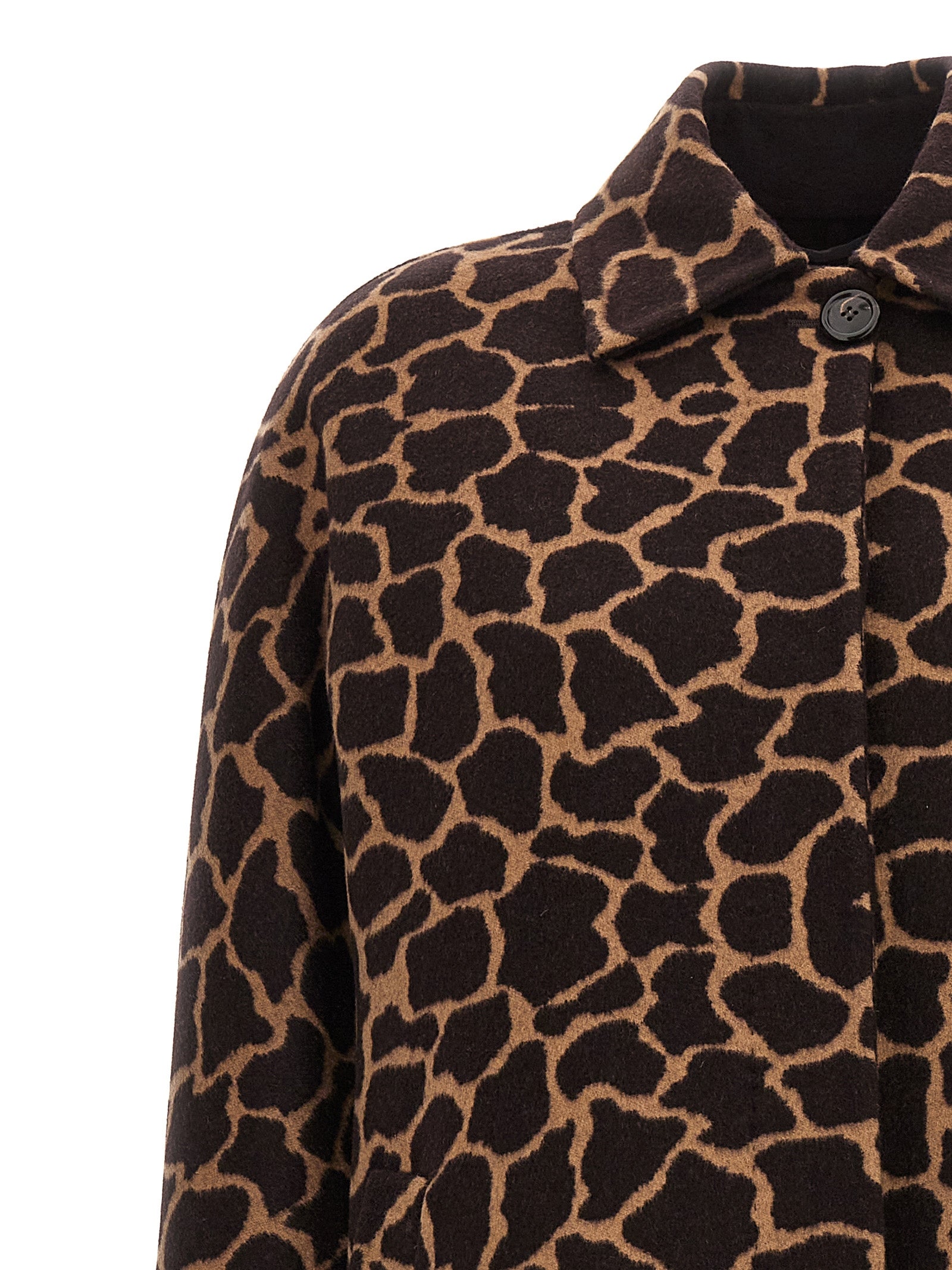 Elevate your style with the Max Mara Brown Virgin Wool Coat, a luxurious statement piece featuring exquisite giraffe jacquard, crafted for the discerning individual.