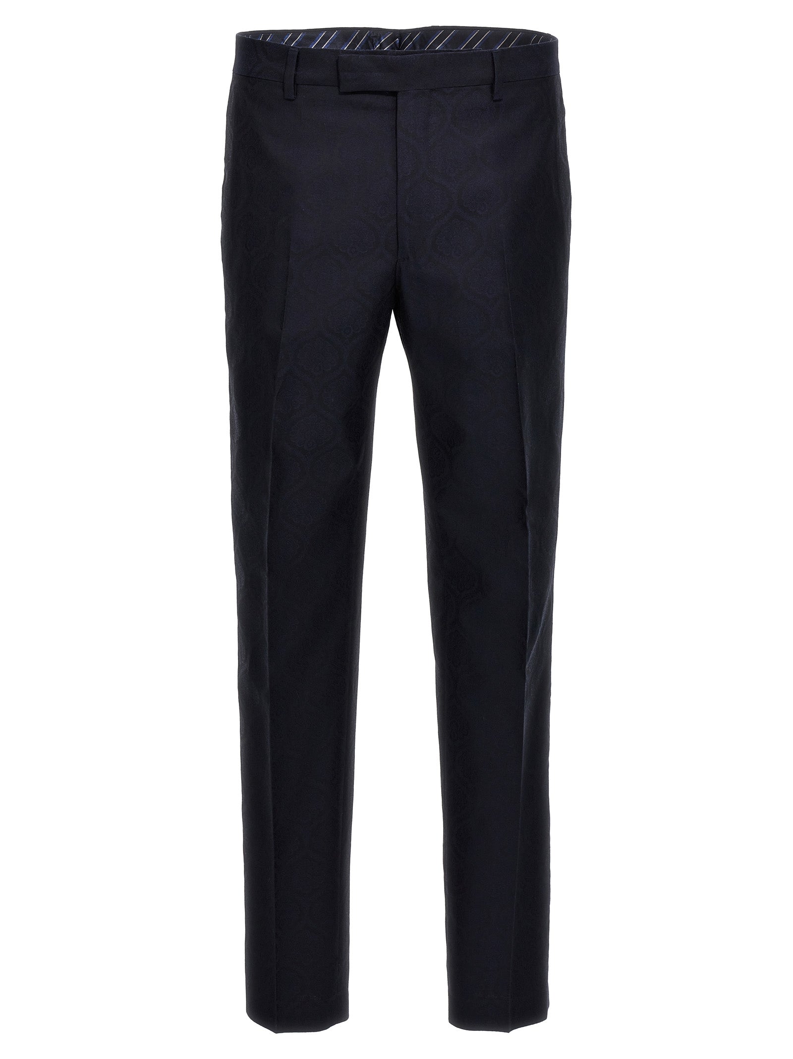 Elevate your style with ETRO's blue Jacquard dress pants, a luxurious blend of cotton and wool, embodying Italian craftsmanship and timeless sophistication.