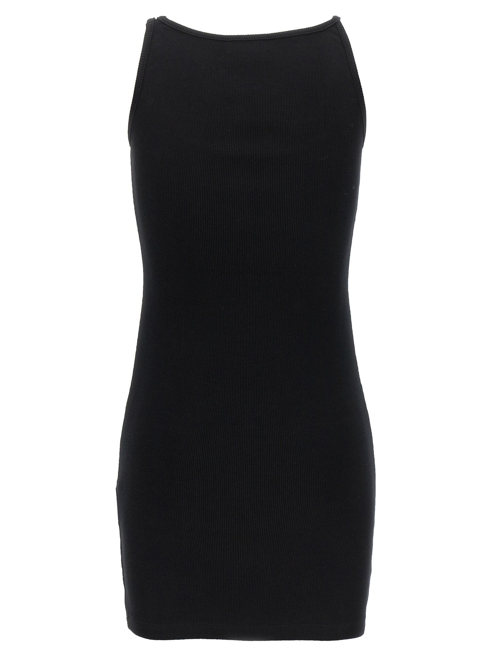 Elevate your allure with the Off-White Black Cotton Short Dress, a masterpiece of ribbed elegance crafted in Italy, embodying sophistication and timeless style.