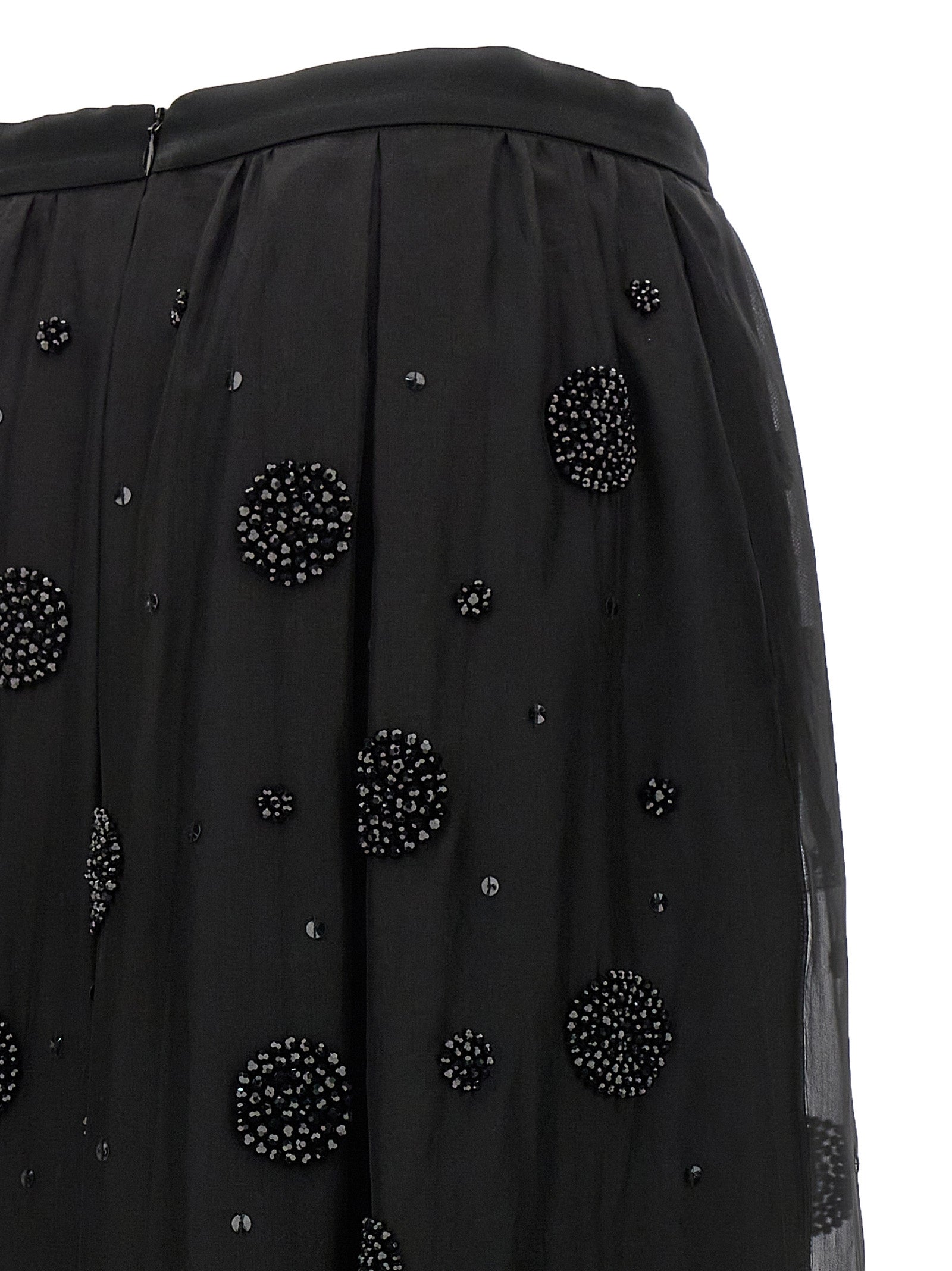 Elevate your elegance with the Max Mara Black Silk Midi Skirt, where luxurious silk meets exquisite embellishments, perfect for unforgettable moments of sophistication.