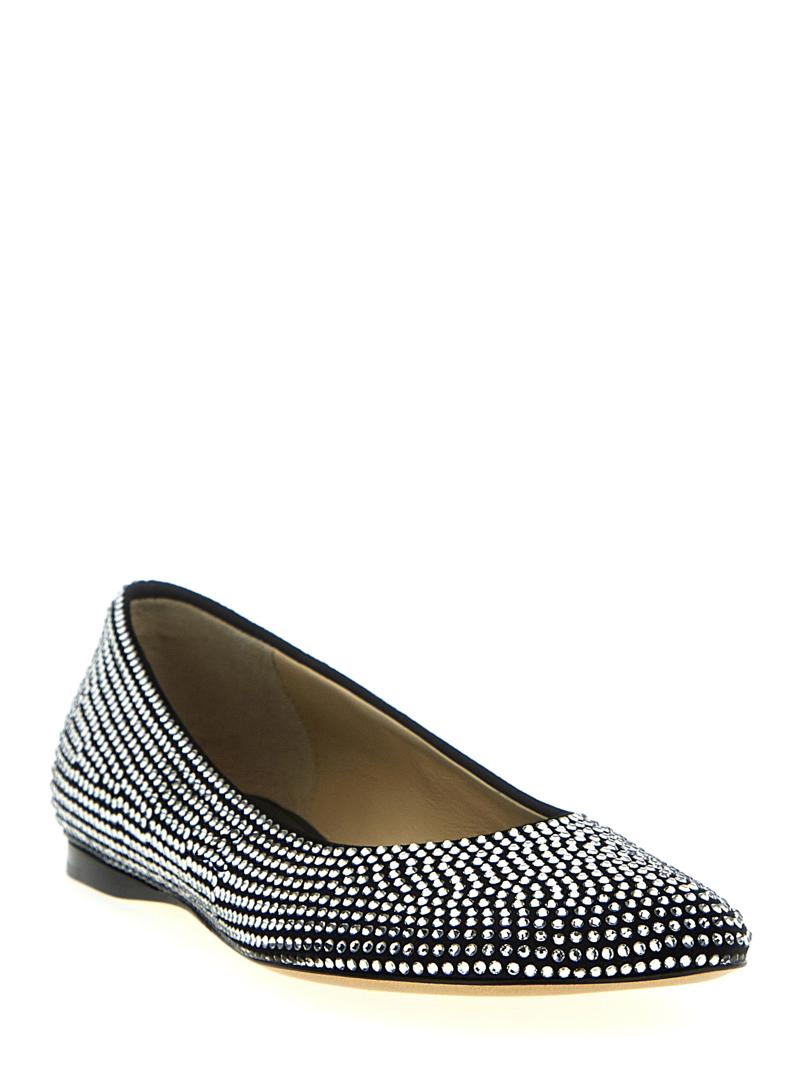 Experience the exquisite artistry of Loewe Black Goatskin Ballet Flats, where luxurious goat leather meets dazzling rhinestones, embodying timeless elegance and sophistication.