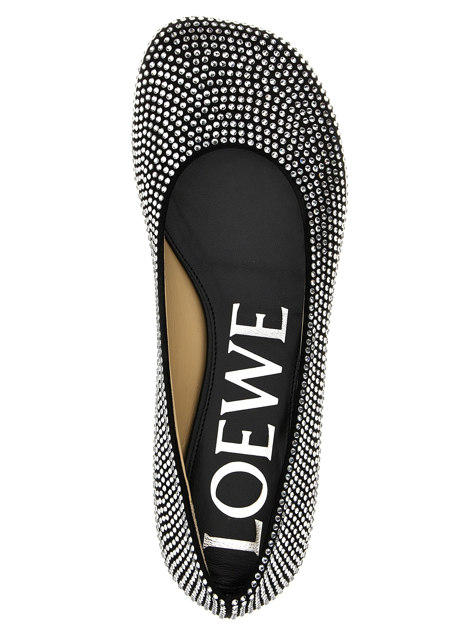 Experience the exquisite artistry of Loewe Black Goatskin Ballet Flats, where luxurious goat leather meets dazzling rhinestones, embodying timeless elegance and sophistication.