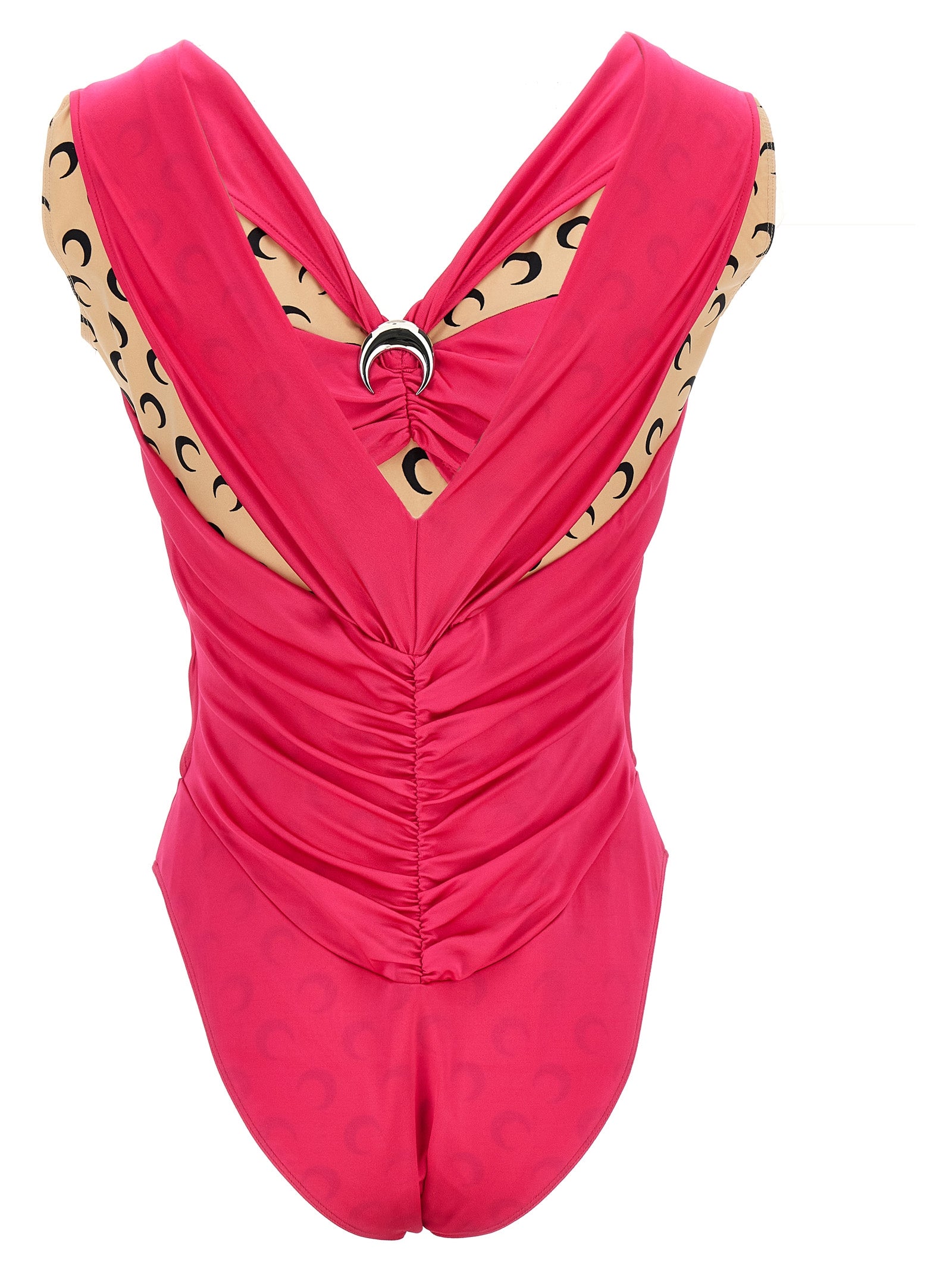 Indulge in the Marine Serre Fuchsia Viscose Bodysuit, a masterpiece of couture elegance, featuring exquisite patchwork and a moon-shaped brooch for the discerning fashion connoisseur.