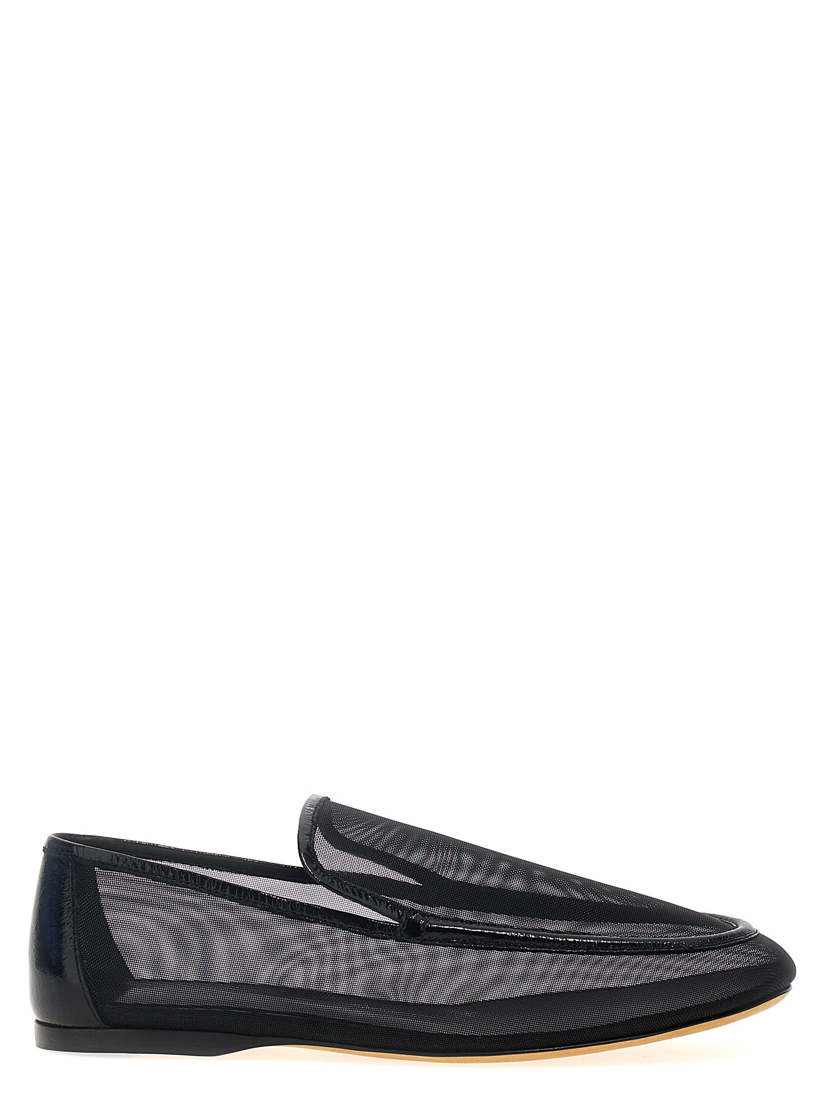 Indulge in KHAITE's artisanal luxury with the 'Alessia' black slip-on loafers, where exquisite patent leather meets breathable mesh for timeless elegance.