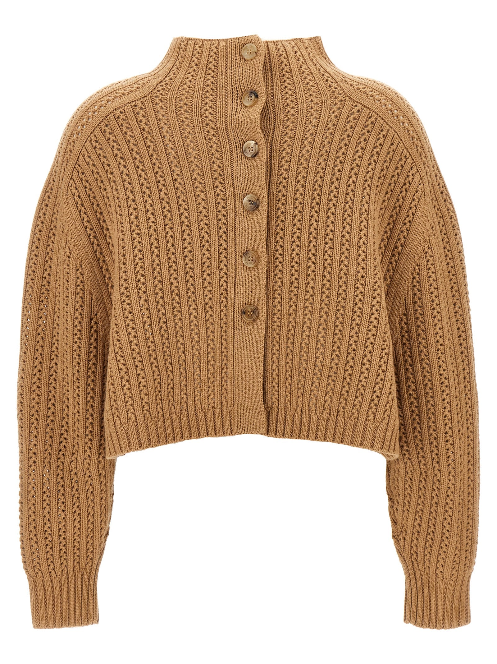 Experience the art of luxury with the Max Mara Beige Wool Cardigan, a sophisticated blend of wool and cashmere, perfect for elevating your style with timeless elegance.