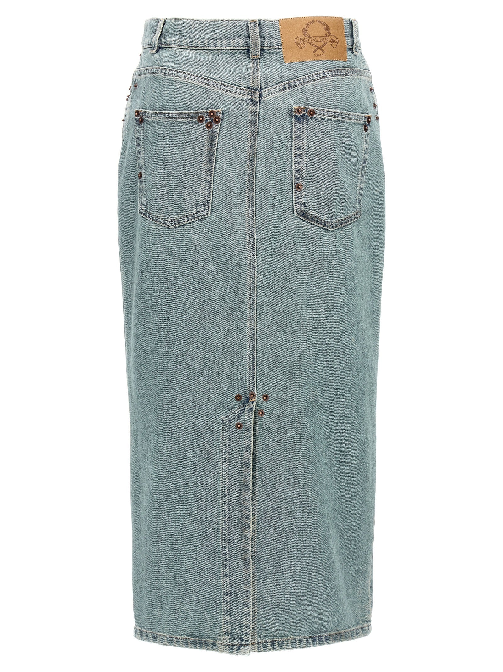Discover the Moschino Blue Cotton Midi Skirt, a blend of artisanal luxury and modern elegance, featuring exquisite metal rivets and timeless Italian craftsmanship.