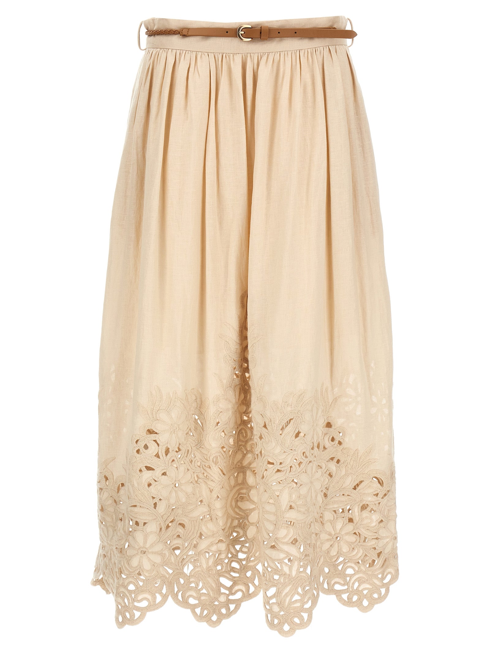 Experience the allure of Zimmermann's Beige Linen Midi Skirt from the Wylie collection, where exquisite craftsmanship meets luxurious comfort for timeless elegance.