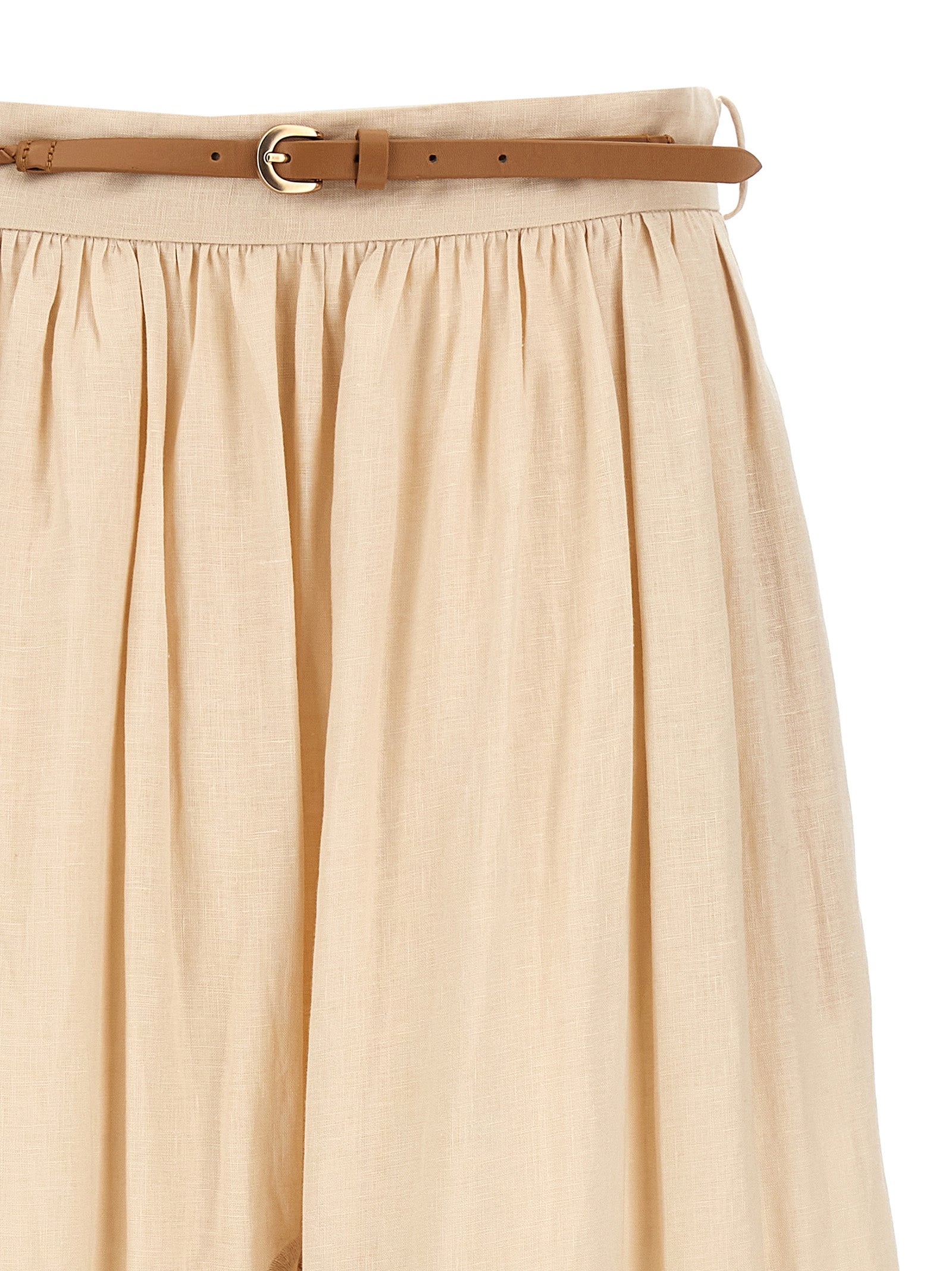 Experience the artisanal elegance of the Zimmermann Beige Linen Midi Skirt, a luxurious blend of exquisite embroidery and tailored sophistication for timeless style.