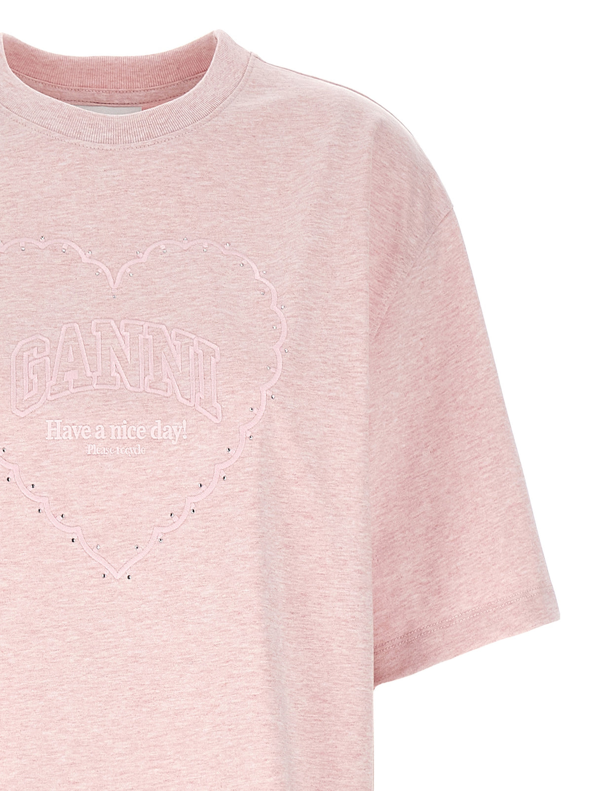 Ganni Pink Organic Cotton T-Shirt with Rhinestone Detail