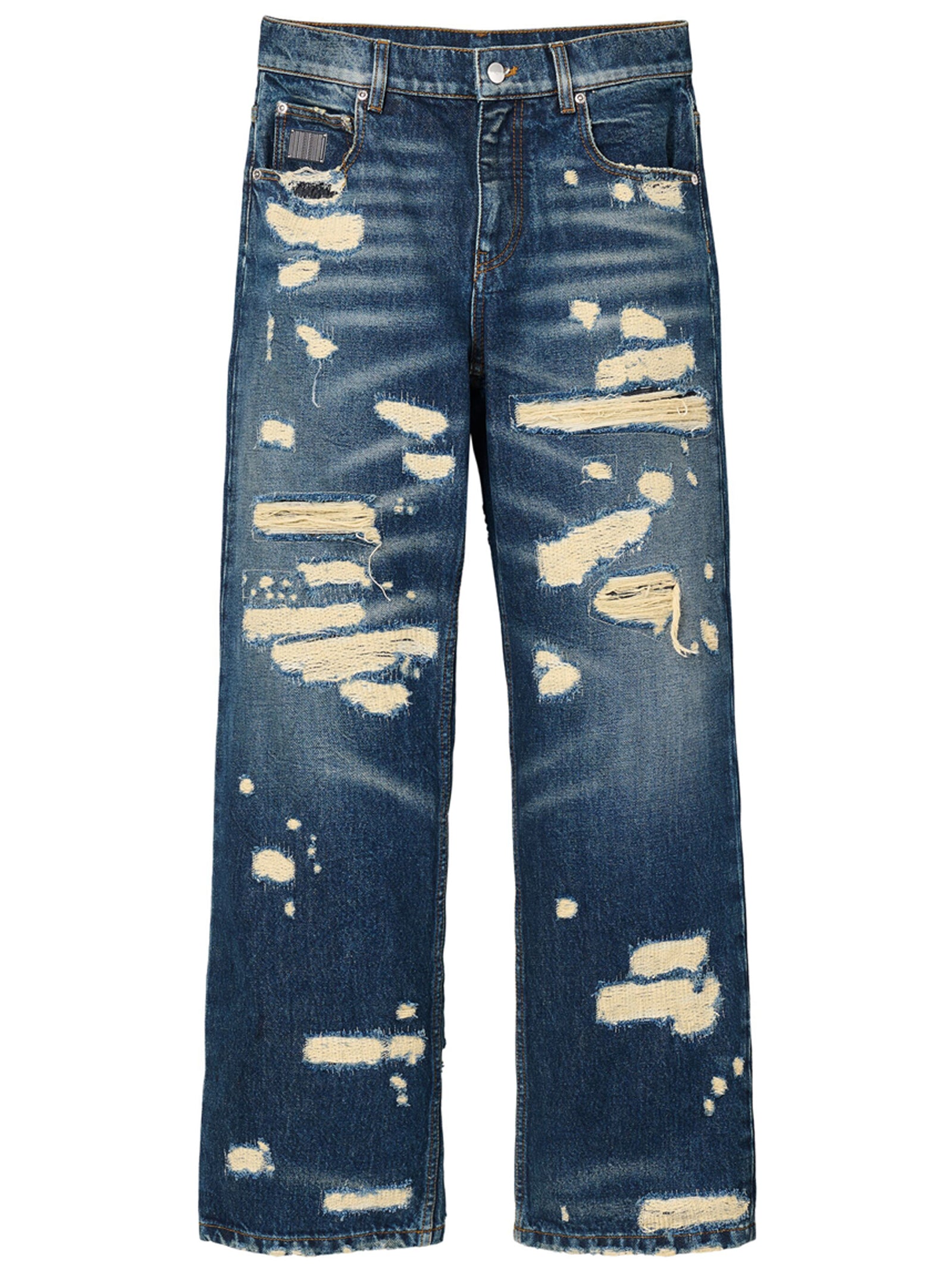 Elevate your style with Marc Jacobs Blue Cotton Straight-Leg Jeans, featuring an edgy rip and repair design that epitomizes luxury and sophistication.