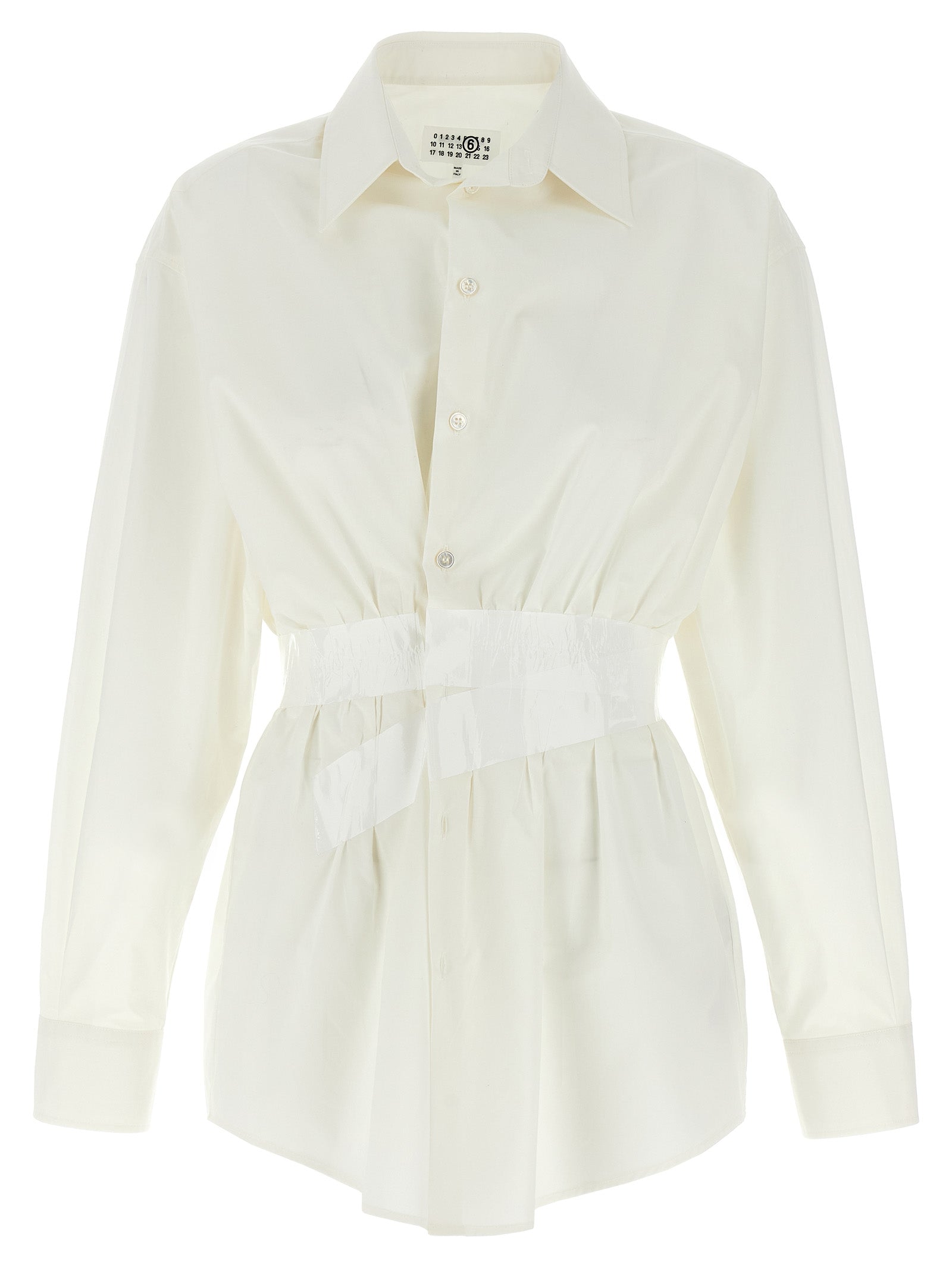 Elevate your wardrobe with the MM6 Maison Margiela White Cotton Blouse, a masterpiece of couture elegance, crafted from luxurious cotton for timeless sophistication.