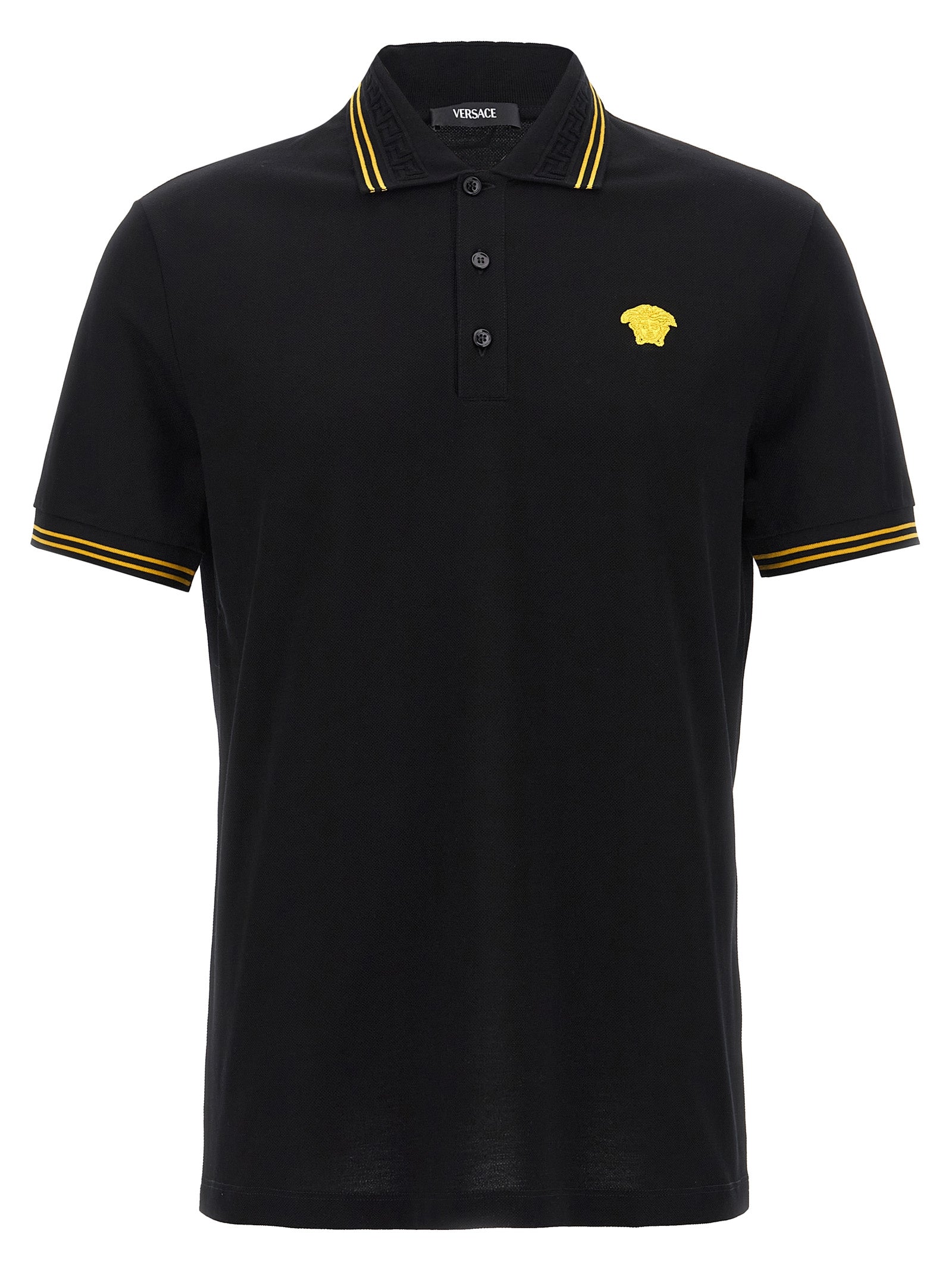 Discover the Versace Black Cotton Polo Shirt, a masterpiece of luxury and craftsmanship, designed for those who embody sophistication and elegance.