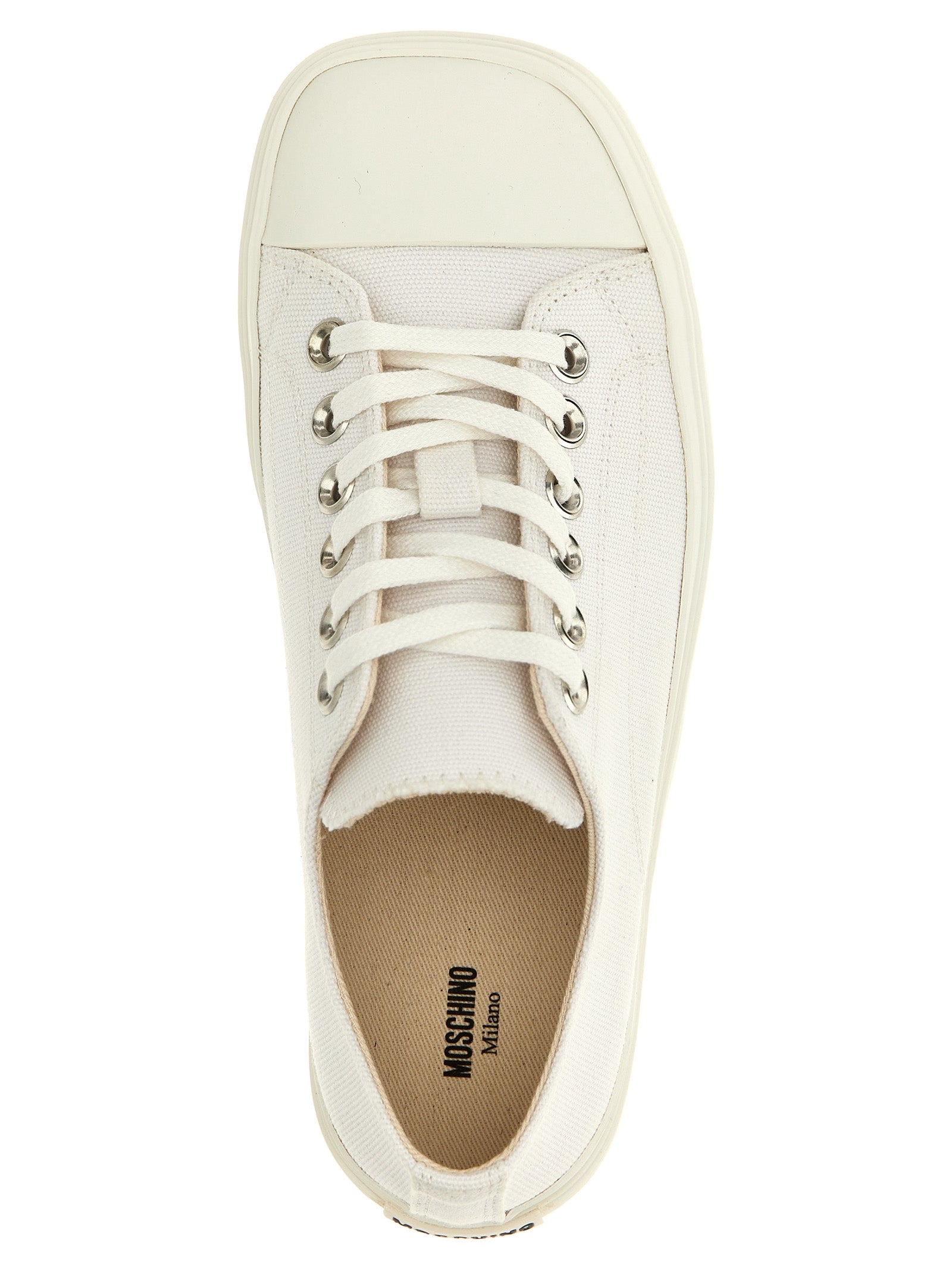 Elevate your wardrobe with Moschino White Cotton Low Top Sneakers, where exquisite craftsmanship meets timeless elegance, perfect for the discerning individual.