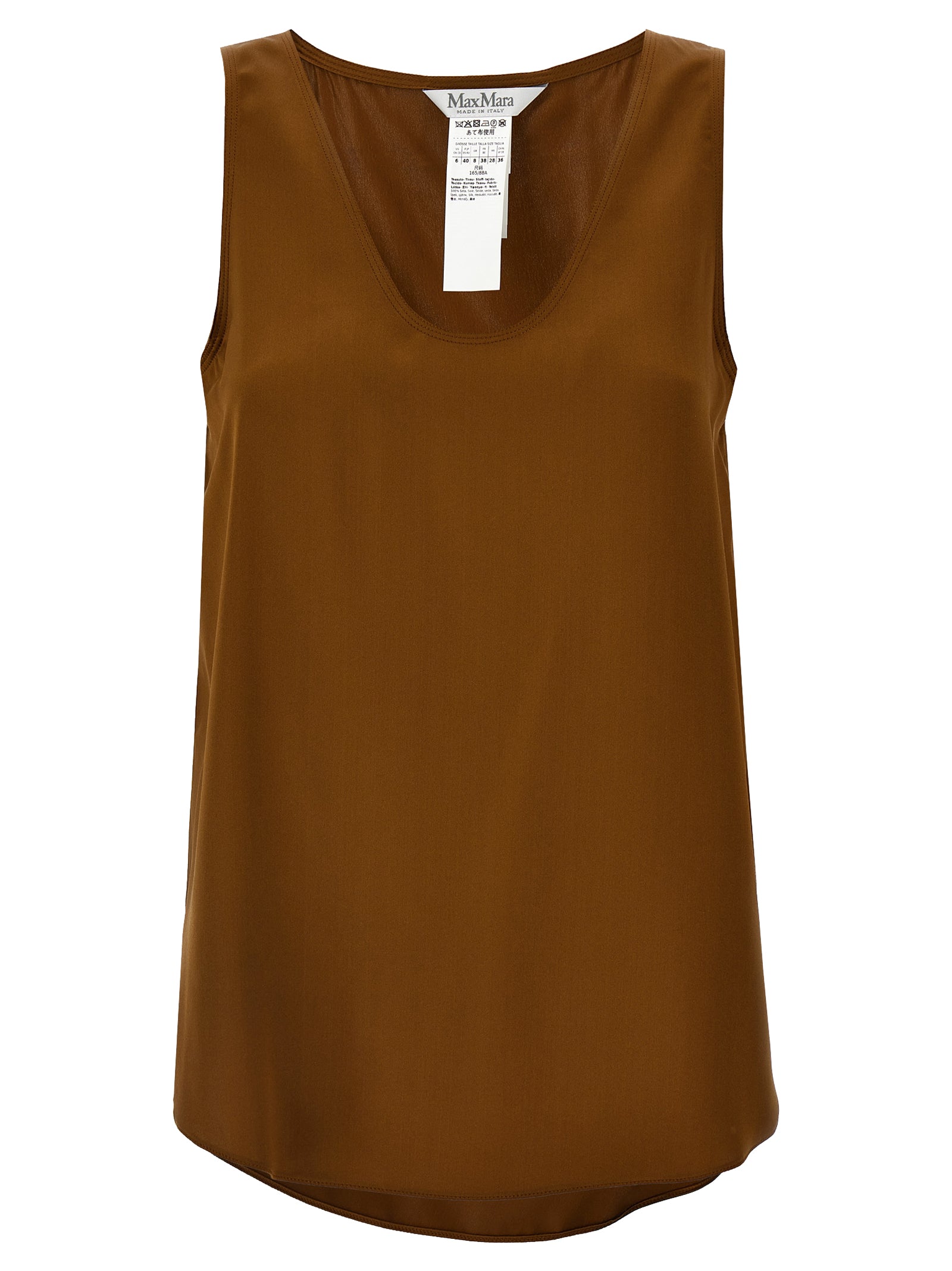 Discover the Max Mara Brown Silk Sleeveless T-Shirt, a masterpiece of Italian craftsmanship in luxurious silk, perfect for elevating your sophisticated wardrobe.