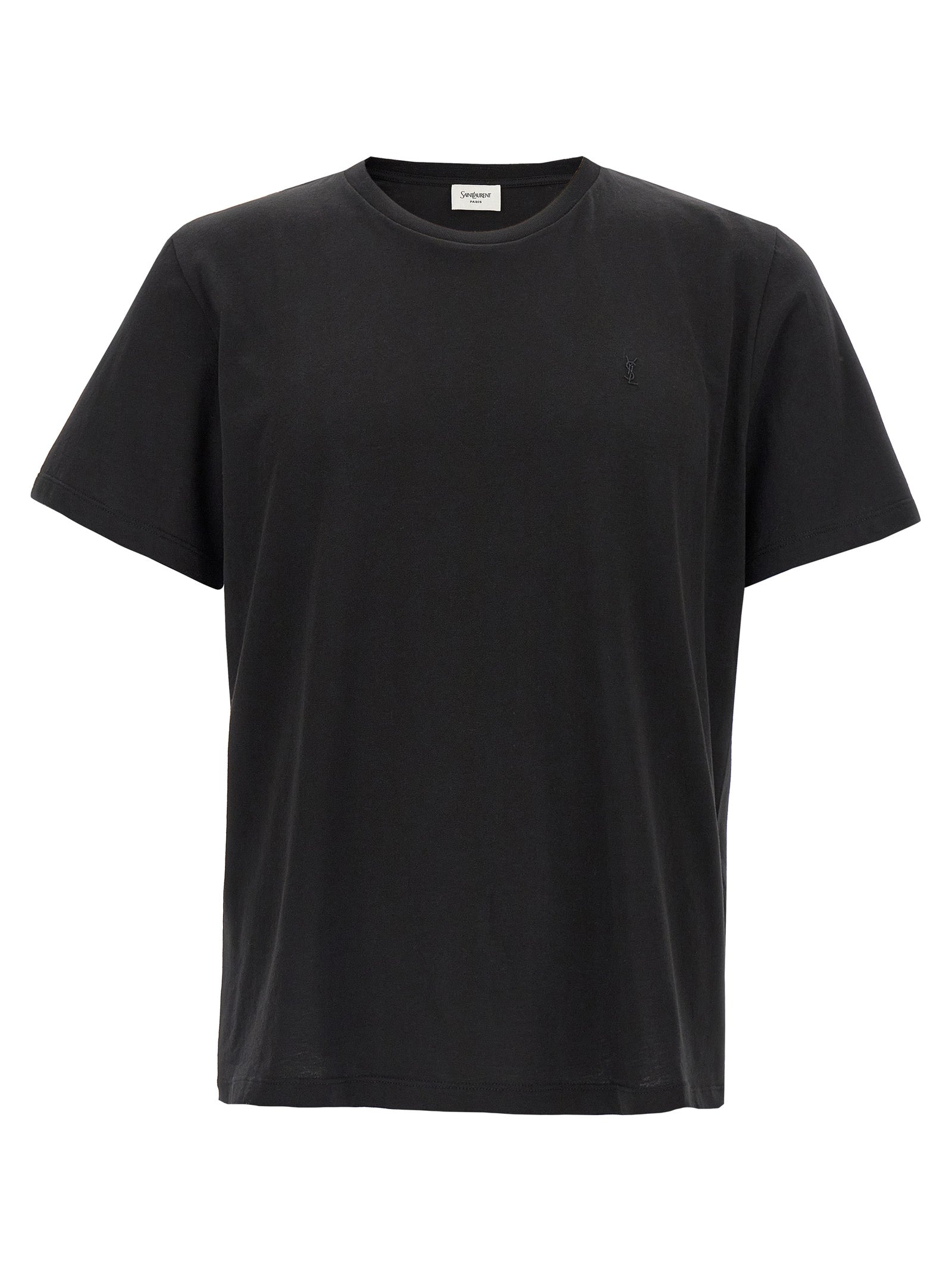 Elevate your wardrobe with the Saint Laurent Black Cotton T-Shirt, a masterpiece of artisanal luxury, featuring exquisite Cassandre embroidery and timeless elegance.