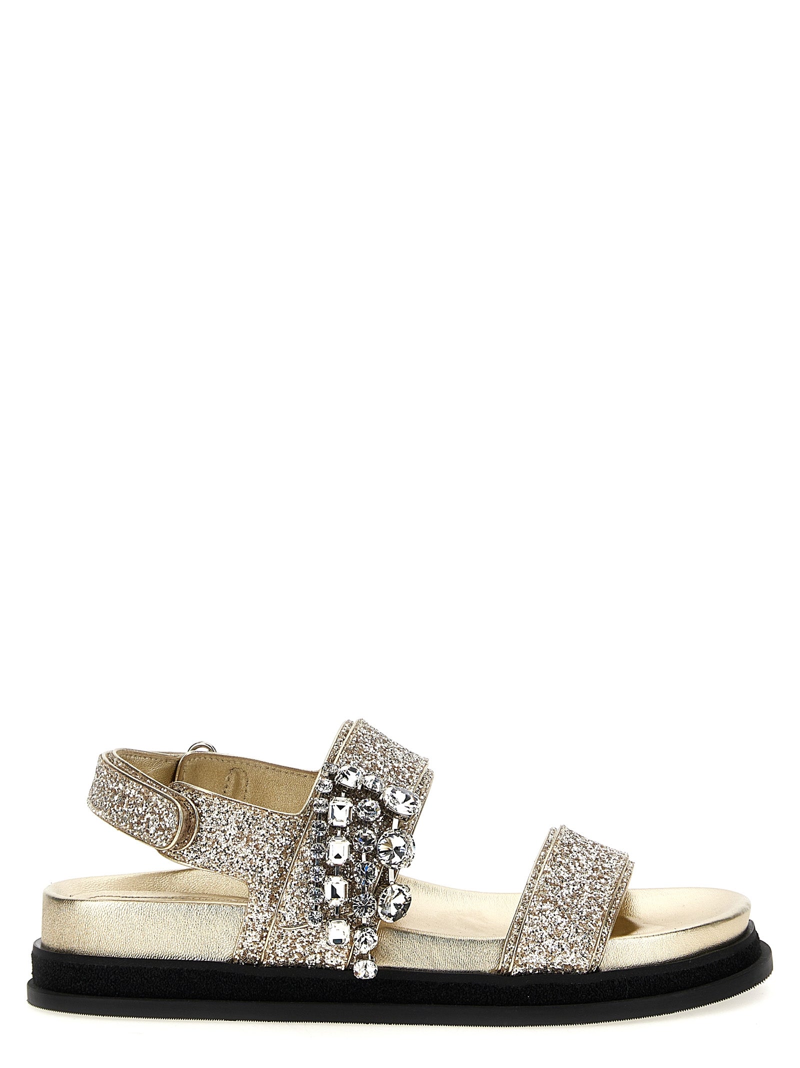 Elevate your style with Jimmy Choo Gold Textile Flat Sandals, where artisanal craftsmanship meets opulent glamour, perfect for sophisticated summer soirées.
