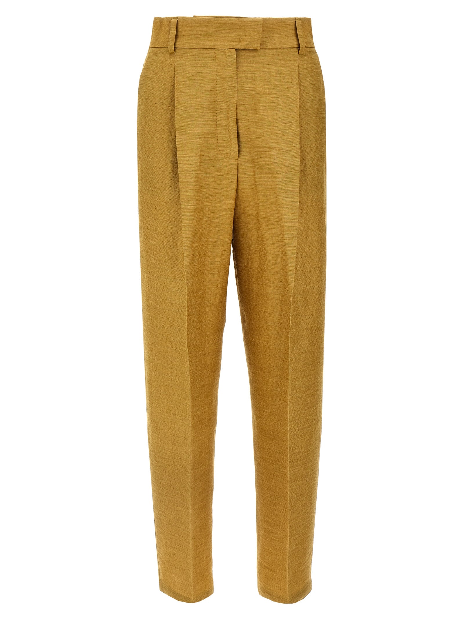 Experience the allure of Max Mara's Gold Fluorofiber Dress Pants, crafted from a luxurious silk blend, embodying sophistication and timeless elegance for the discerning individual.