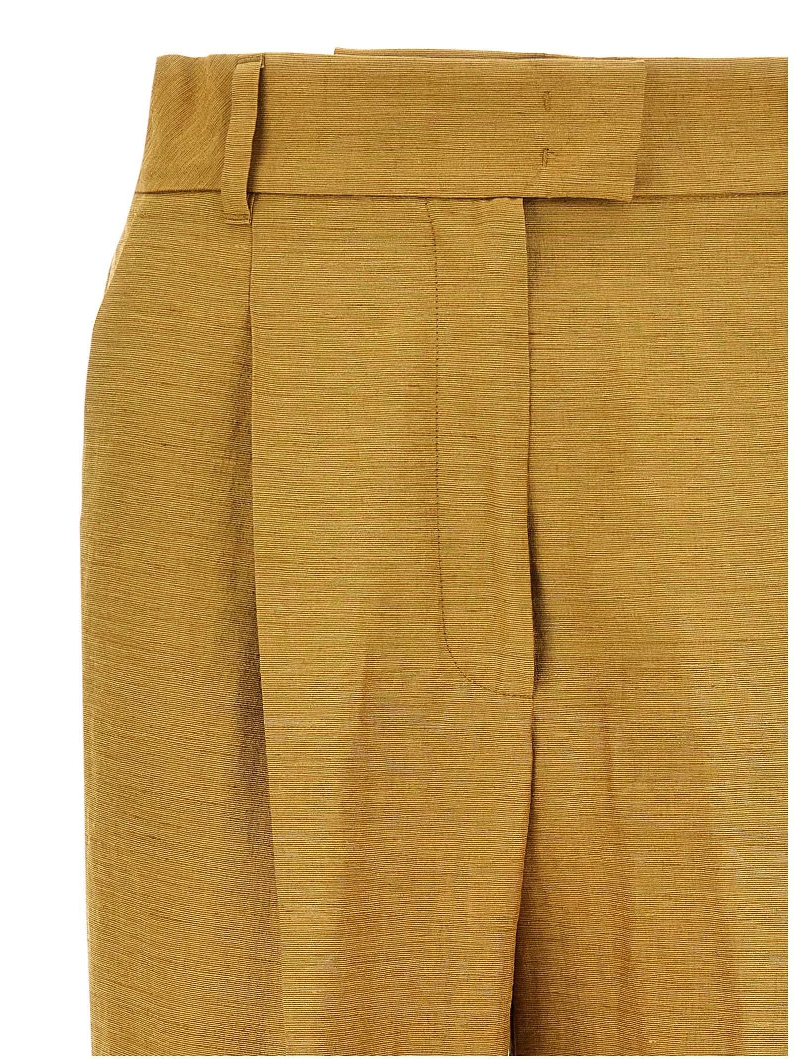 Elevate your elegance with Max Mara's Gold Fluorofiber Dress Pants, a luxurious silk blend masterpiece that embodies sophistication and timeless allure.