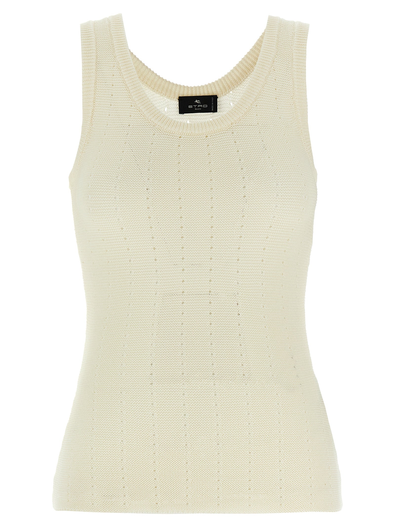 Elevate your style with the Etro White Silk Sleeveless T-Shirt, a luxurious blend of silk and polyamide, embodying Italian craftsmanship and timeless elegance.