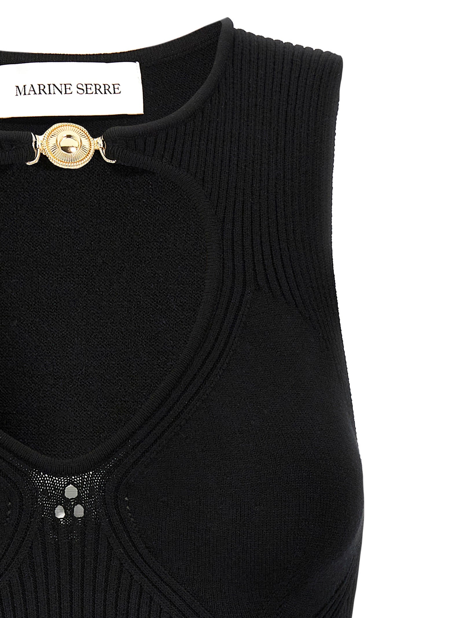 Elevate your wardrobe with the Marine Serre Black Viscose Tank Top, a luxurious blend of elegance and innovation, crafted for those who embody sophistication and allure.