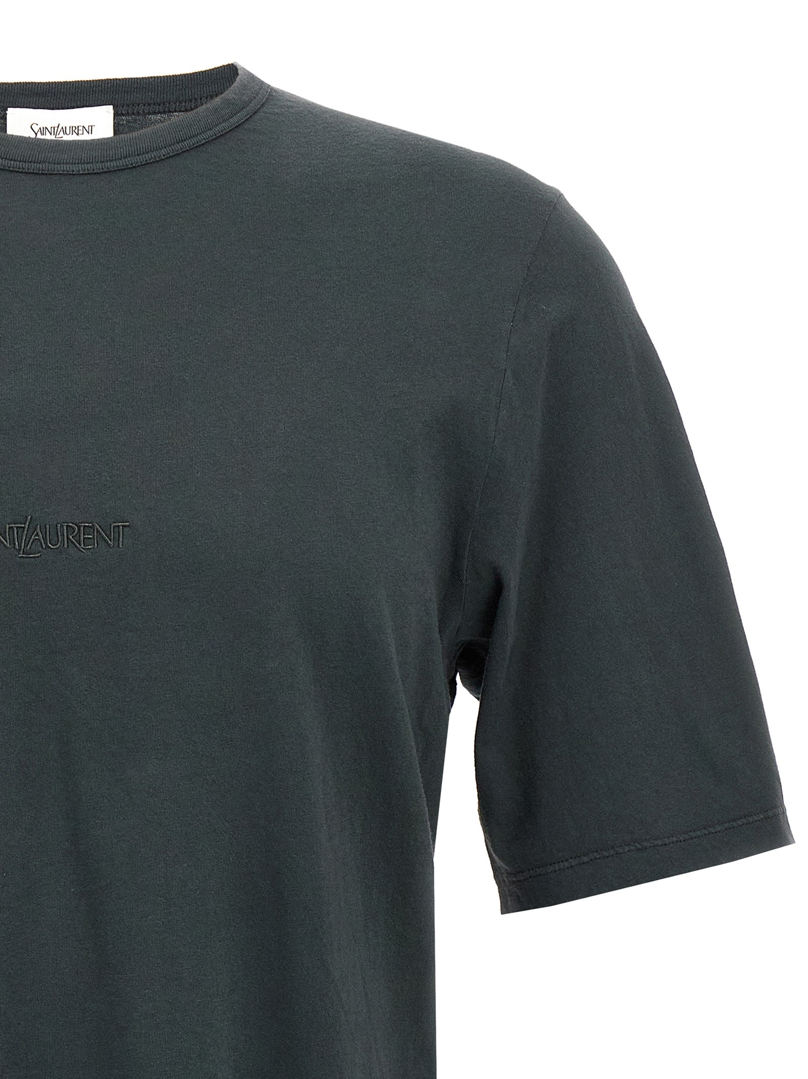 Discover the Saint Laurent Black Cotton T-Shirt, a luxurious essential crafted in Italy, featuring exquisite logo embroidery for timeless elegance and effortless sophistication.