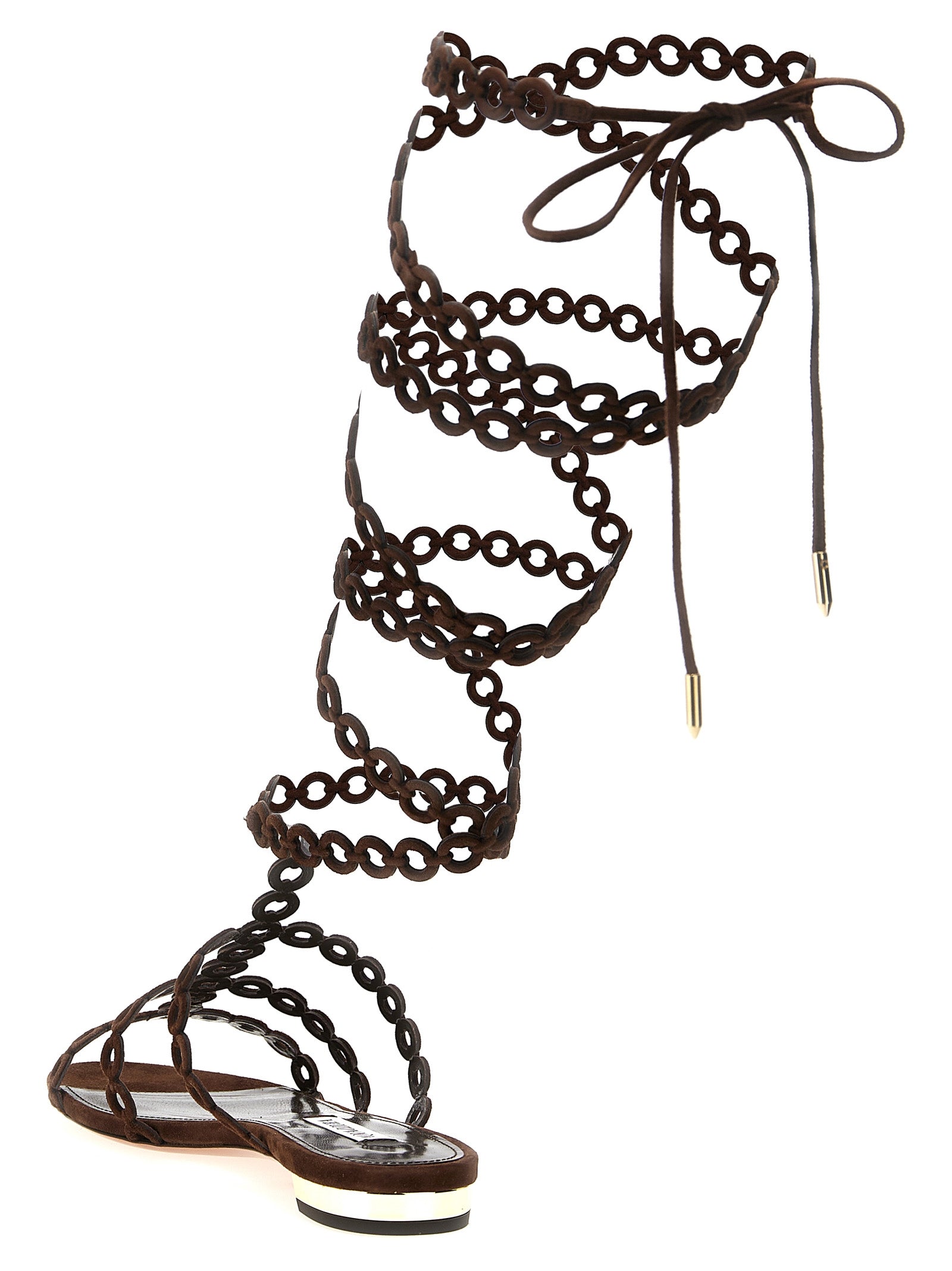 Experience the exquisite allure of Aquazzura's Infinity Chain Gladiator sandals, where sumptuous goat leather meets artisanal craftsmanship for a statement of luxury.