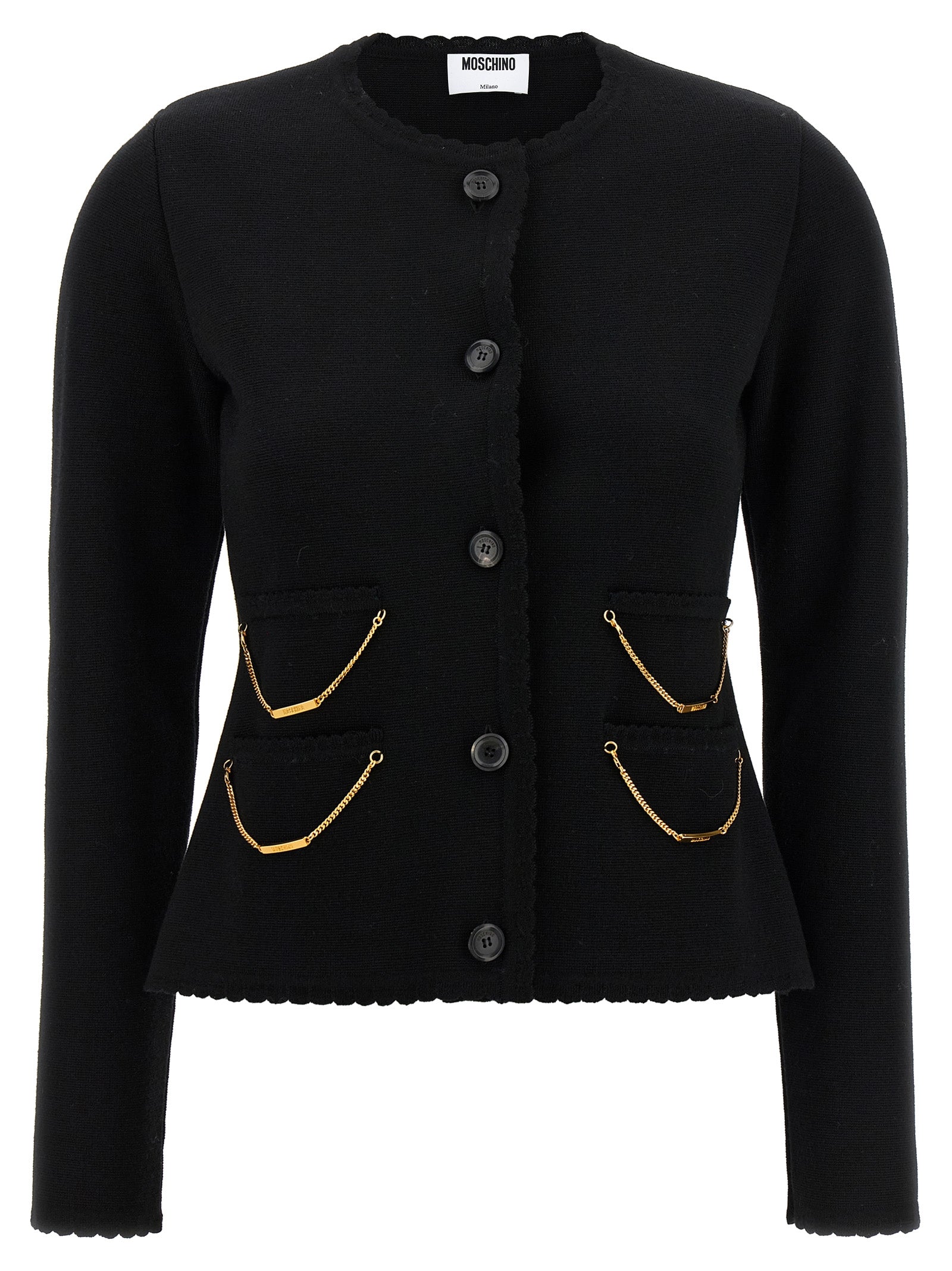 Indulge in the Moschino Black Virgin Wool Cardigan, a masterpiece of artisanal luxury, blending exquisite craftsmanship with timeless elegance for the discerning connoisseur.