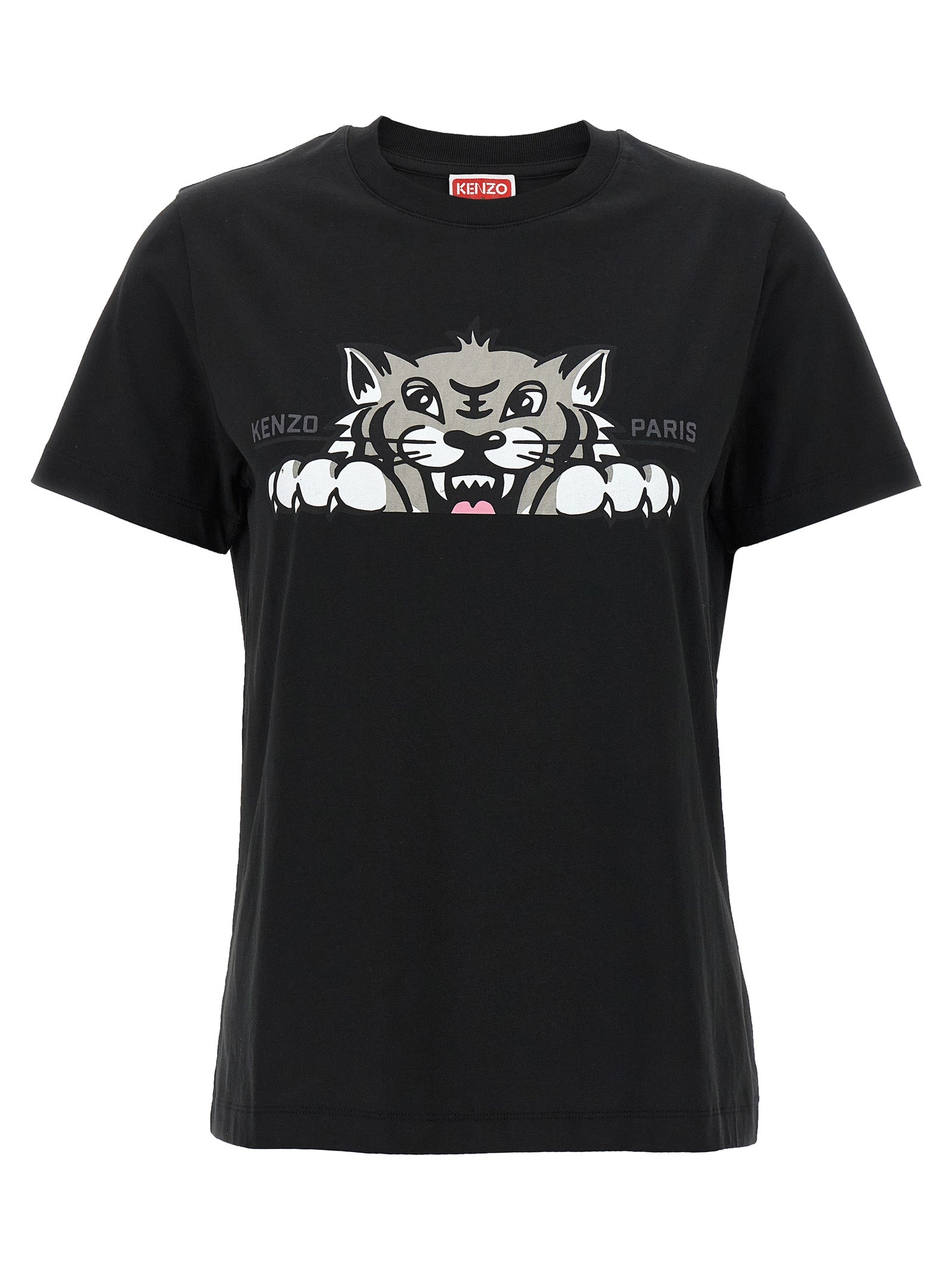 Indulge in the Kenzo Black Cotton T-Shirt, a masterpiece of artisanal craftsmanship, featuring the iconic 'Happy Tiger' print for timeless elegance and effortless allure.