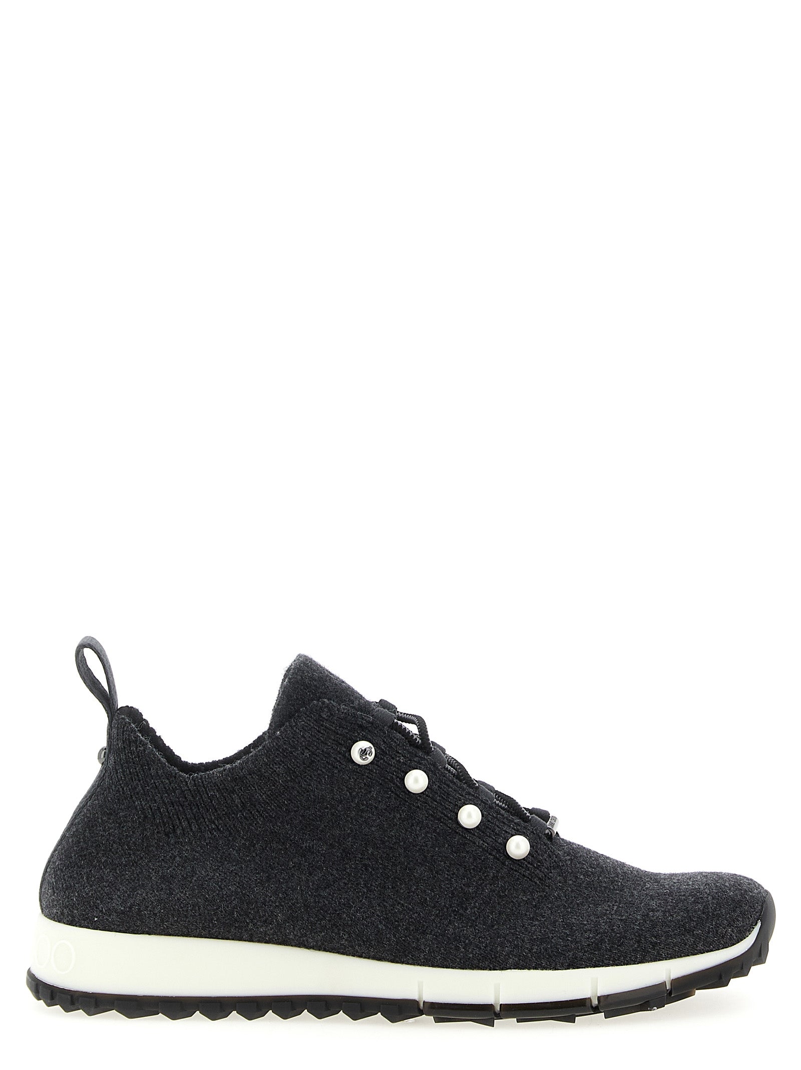 Step into unparalleled elegance with Jimmy Choo's Black Tencel Low Top Sneakers, where sumptuous cashmere knit meets exquisite pearl detailing for a statement of luxury.