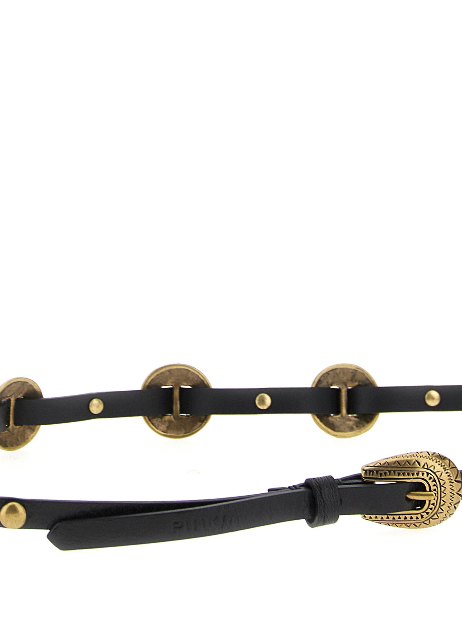 Discover the PINKO Black Calfskin Thin Belt, a luxurious accessory crafted from 100% calfskin leather, adorned with exquisite engravings and vintage brass accents.