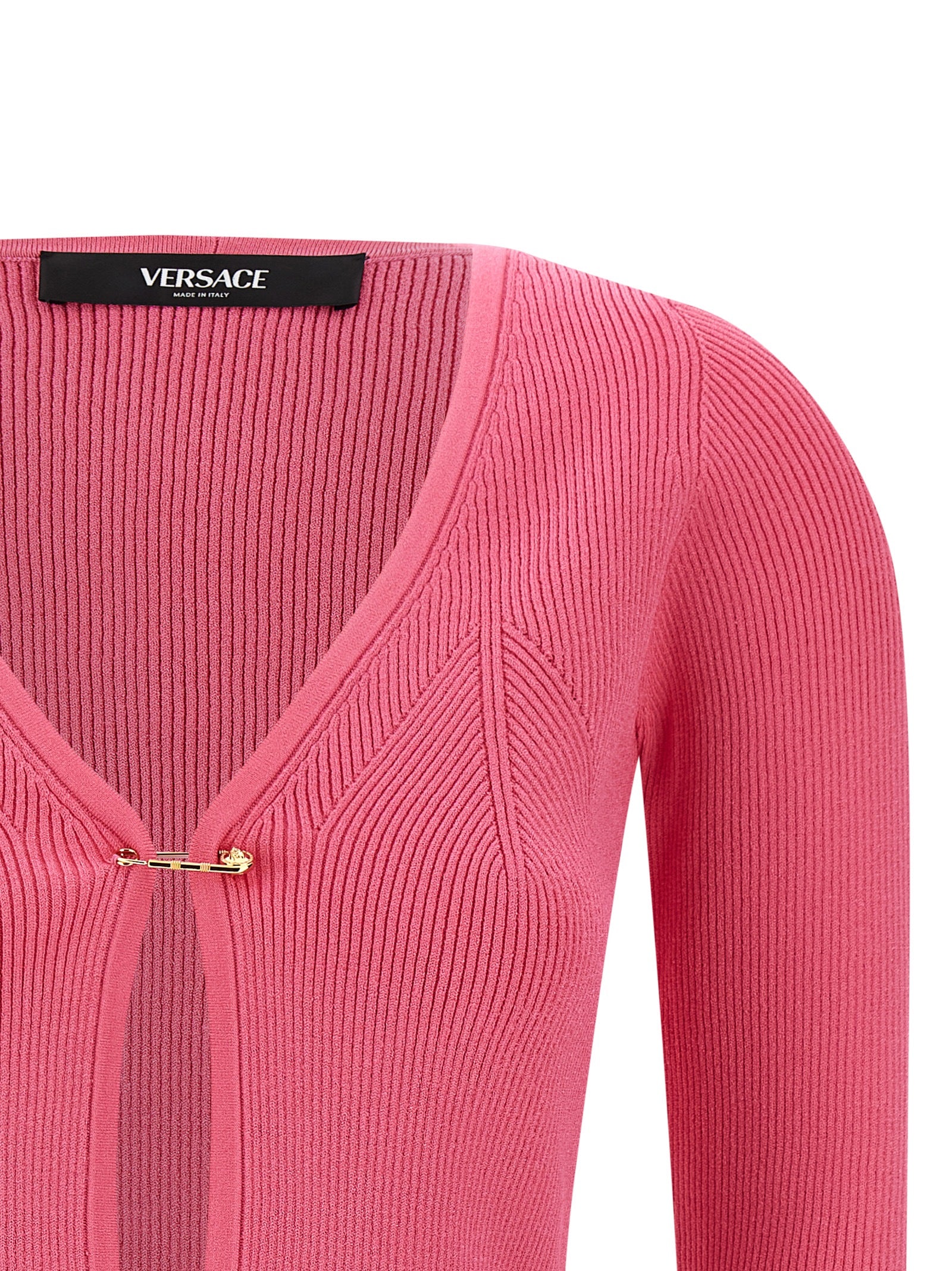 Elevate your style with the Versace Fuchsia Viscose Cardigan, a luxurious blend of sophistication and bold design, perfect for the discerning fashion connoisseur.