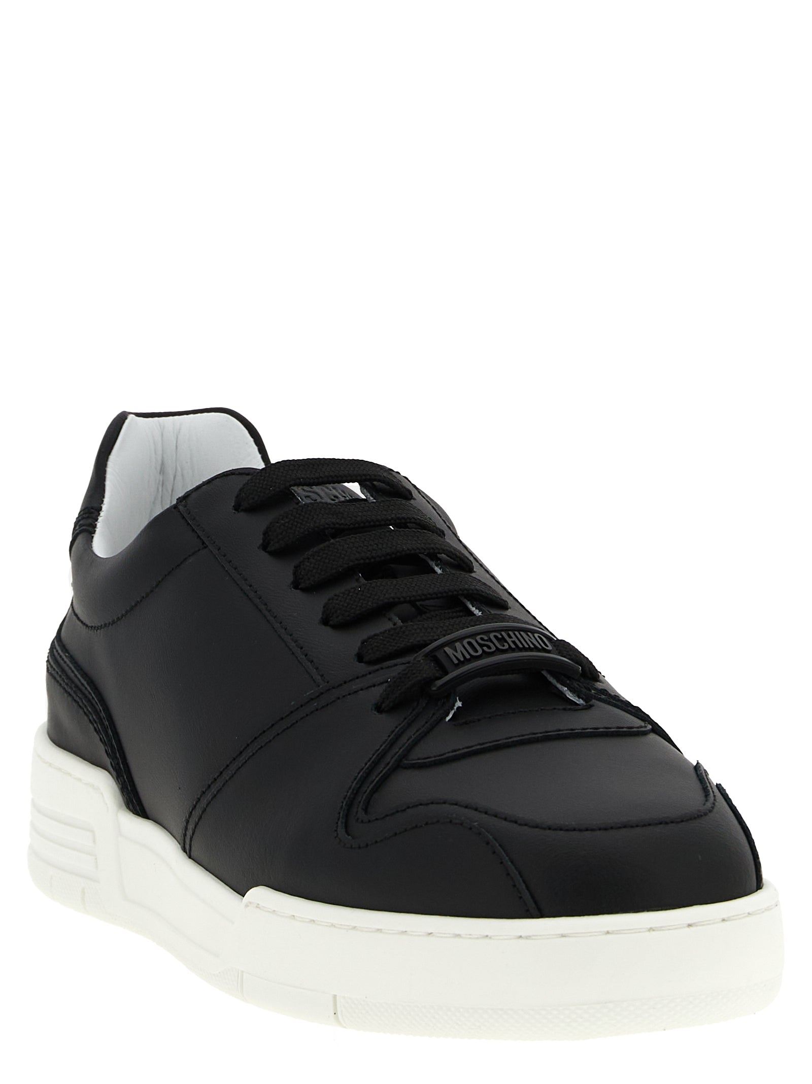 Step into the realm of elegance with Moschino Black Leather Low Top Sneakers, where Italian craftsmanship meets luxurious style, perfect for the discerning individual.
