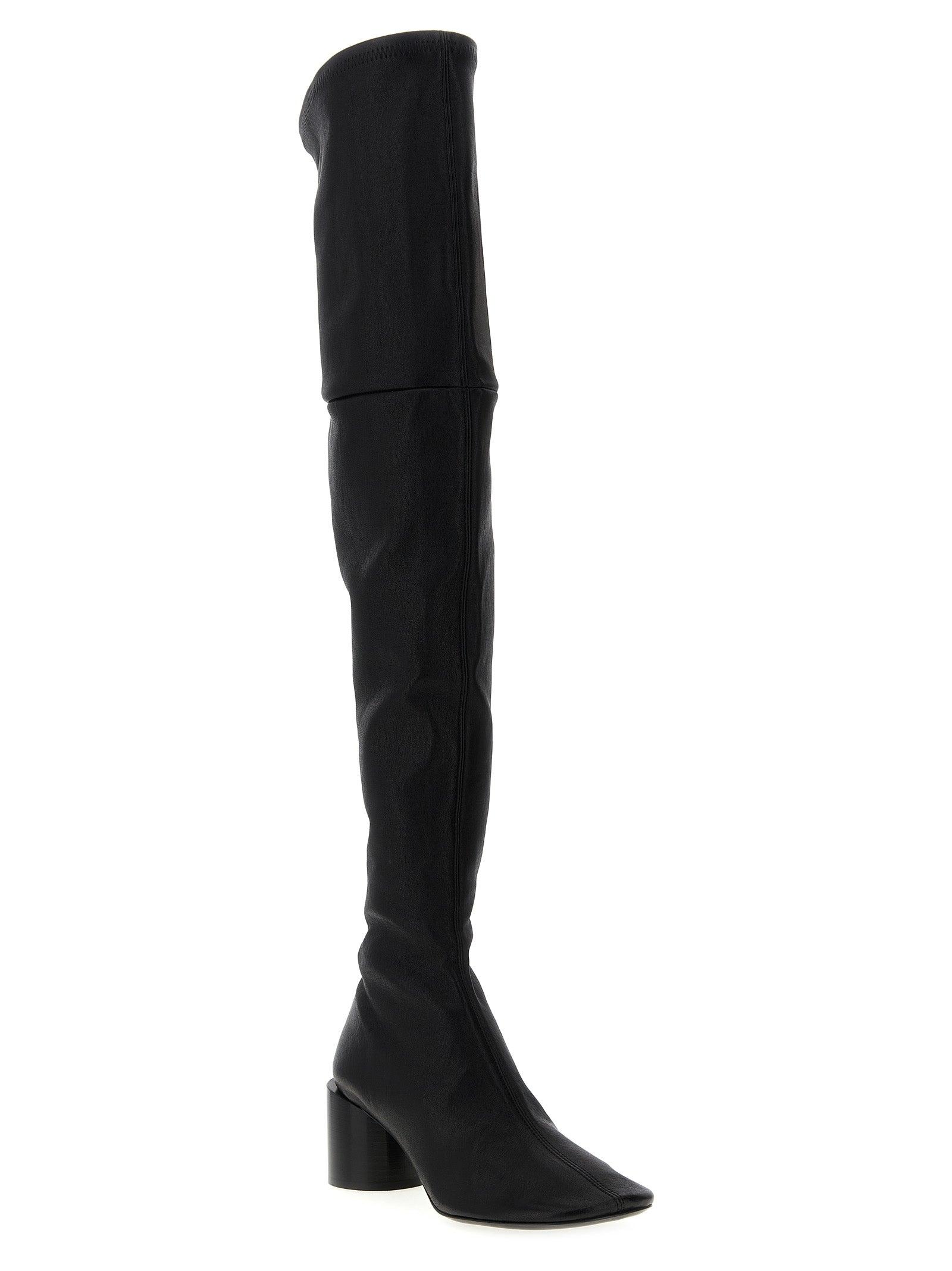 Experience the exquisite allure of Jil Sander's Black Leather Over The Knee boots, crafted in Italy from luxurious stretch nappa leather, embodying artisanal elegance and sophistication.