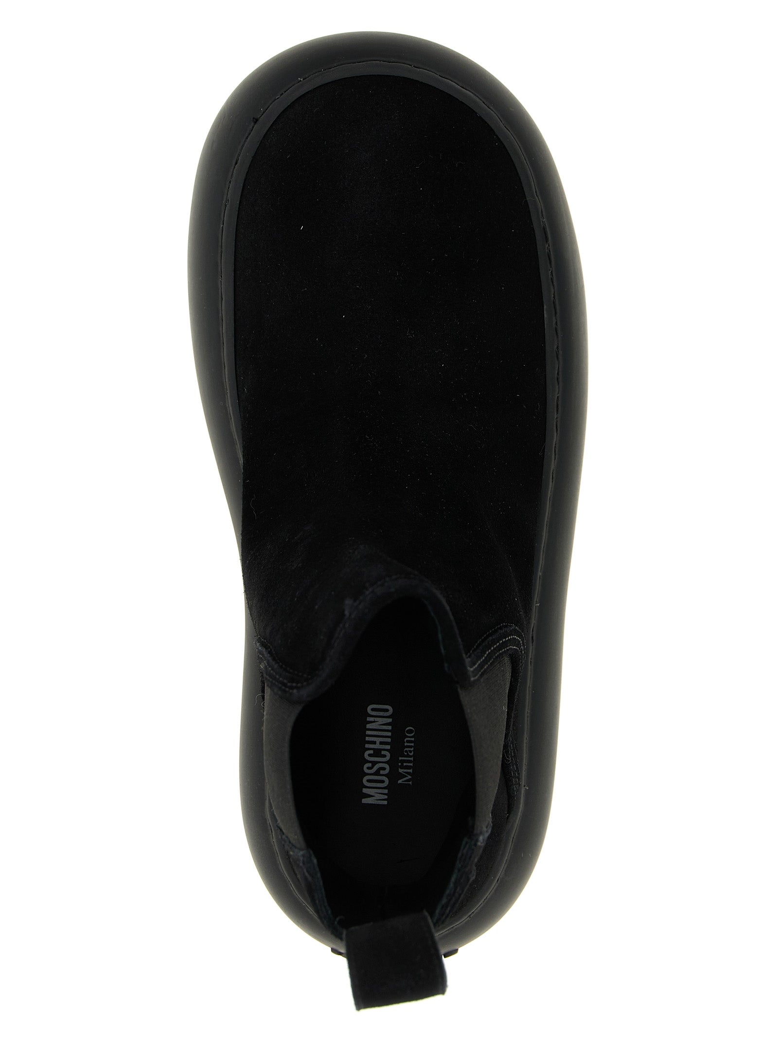Experience the epitome of luxury with Moschino Black Calfskin Chelsea Boots, crafted from exquisite leather for a timeless, sophisticated silhouette that elevates any ensemble.