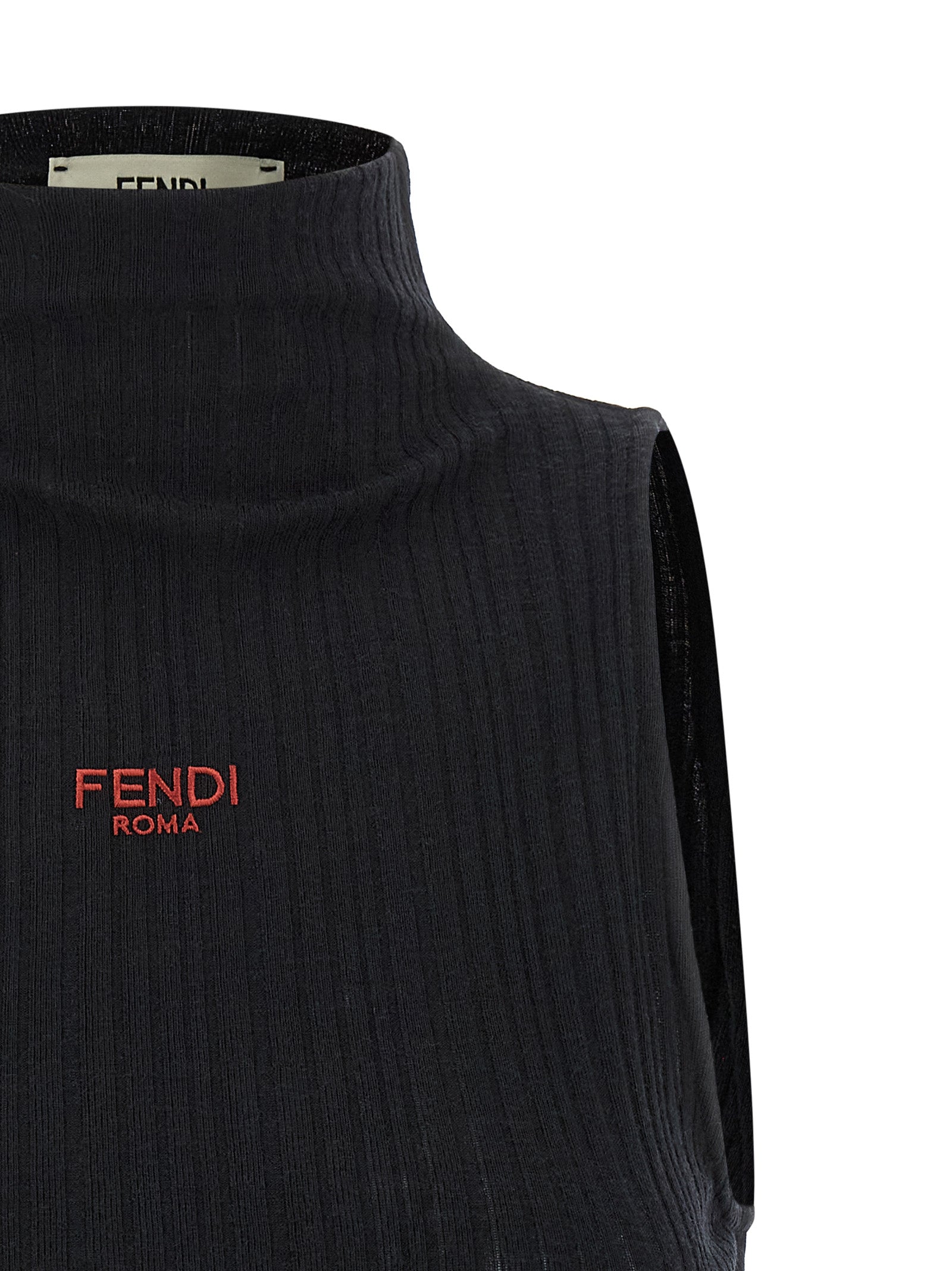 Elevate your wardrobe with the Fendi Black Sleeveless T-Shirt, a masterpiece of Italian craftsmanship, featuring luxurious ribbed texture and delicate ruffles for timeless elegance.