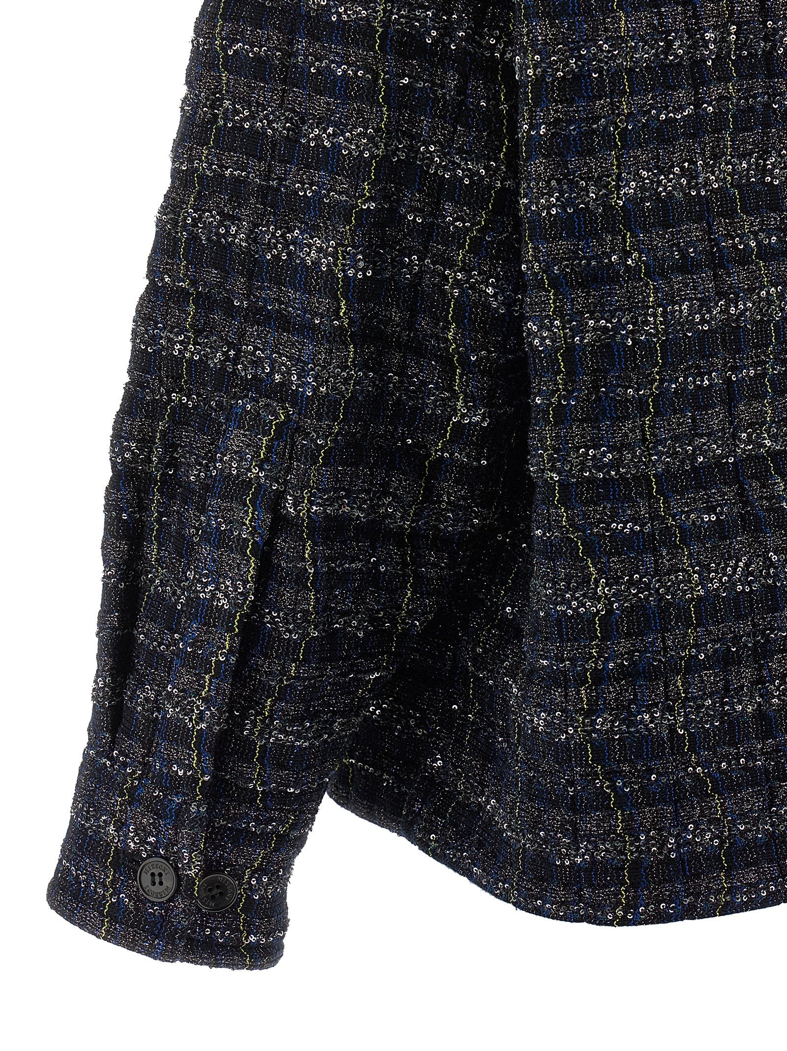 Indulge in the Missoni Blue Viscose Coat, a luxurious masterpiece of artisanal craftsmanship, featuring a captivating check wave pattern and a sumptuous blend of materials for timeless elegance.