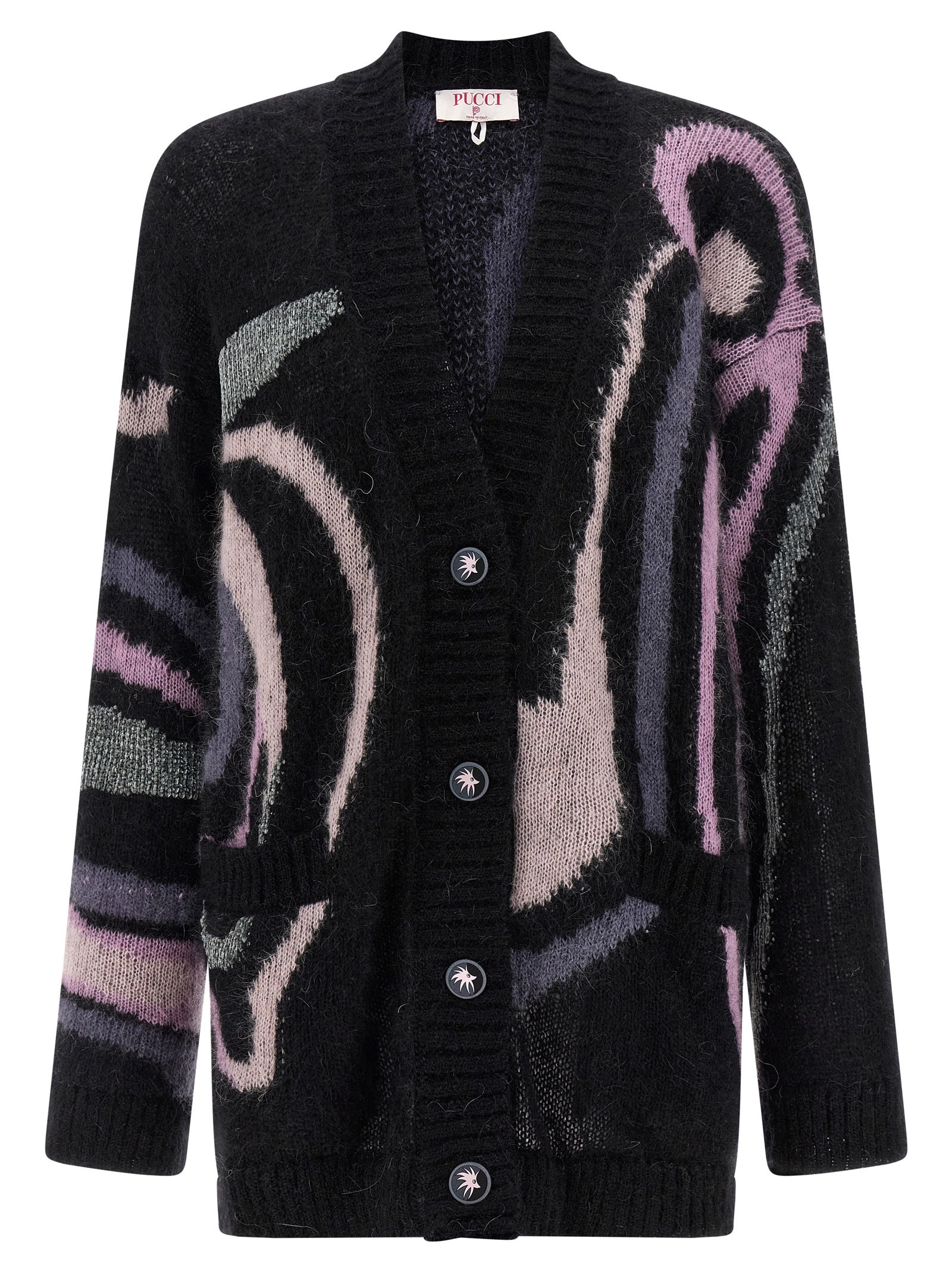 Indulge in the Emilio Pucci Black Wool Cardigan, a luxurious blend of mohair and wool, crafted in Italy for those who appreciate artistry and elegance.
