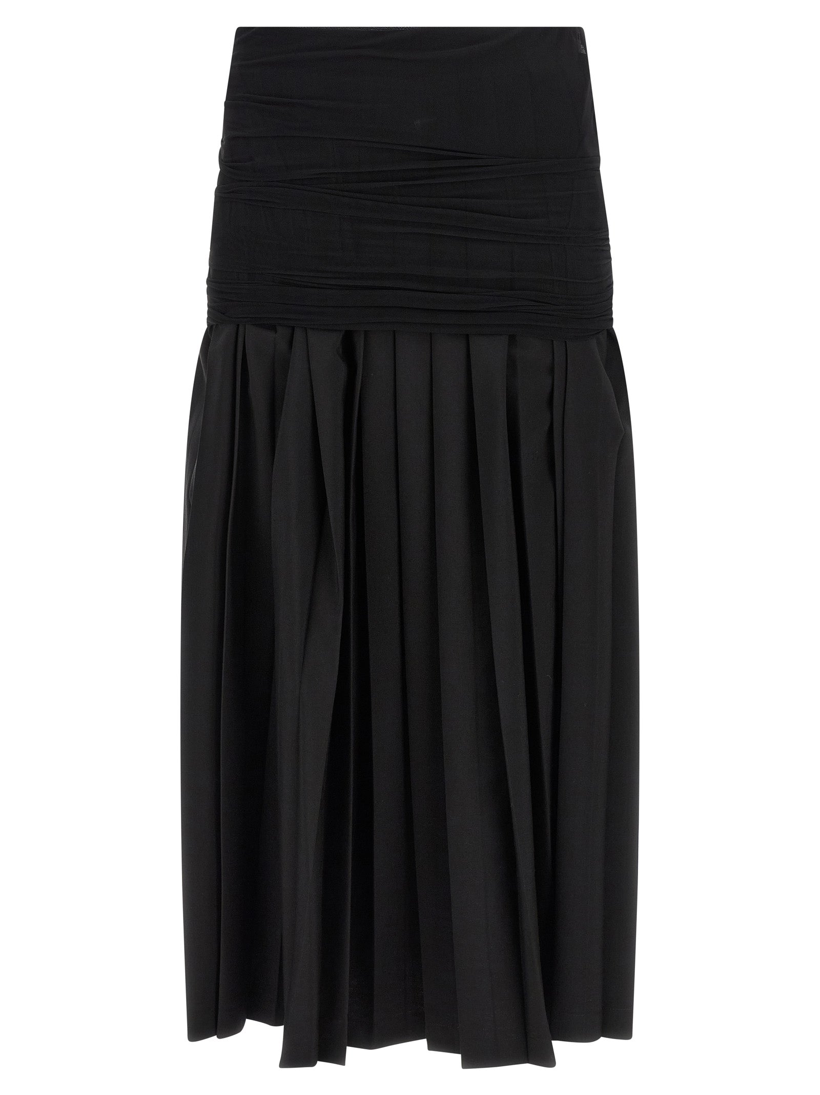Elevate your wardrobe with the MM6 Maison Margiela Black Polyester Midi Skirt, a masterpiece of pleated elegance crafted in Italy, perfect for sophisticated day-to-night styling.