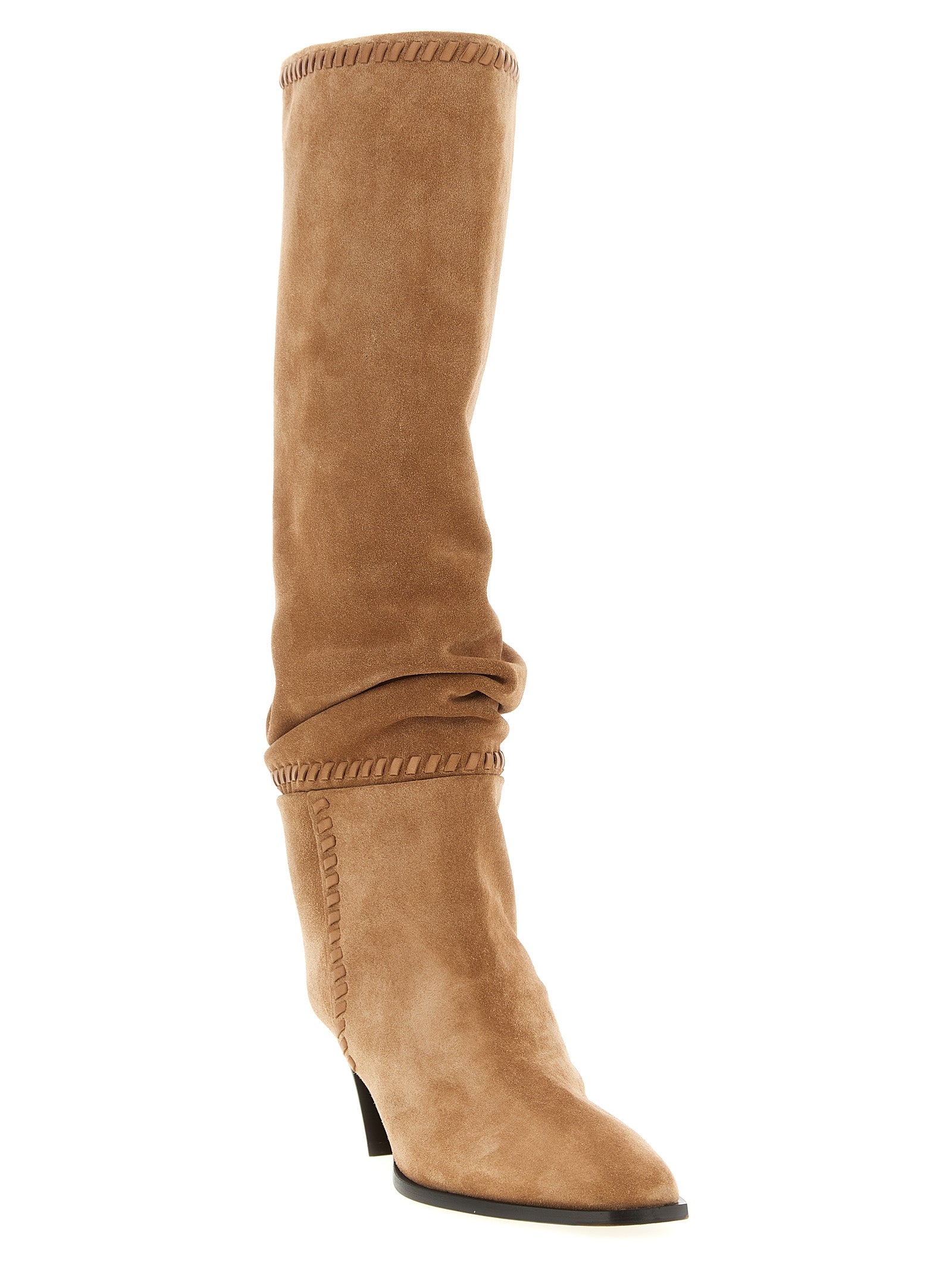 Step into elegance with Jimmy Choo's Hart beige over-the-knee boots, where exquisite suede and sculptural design redefine luxury for the discerning individual.