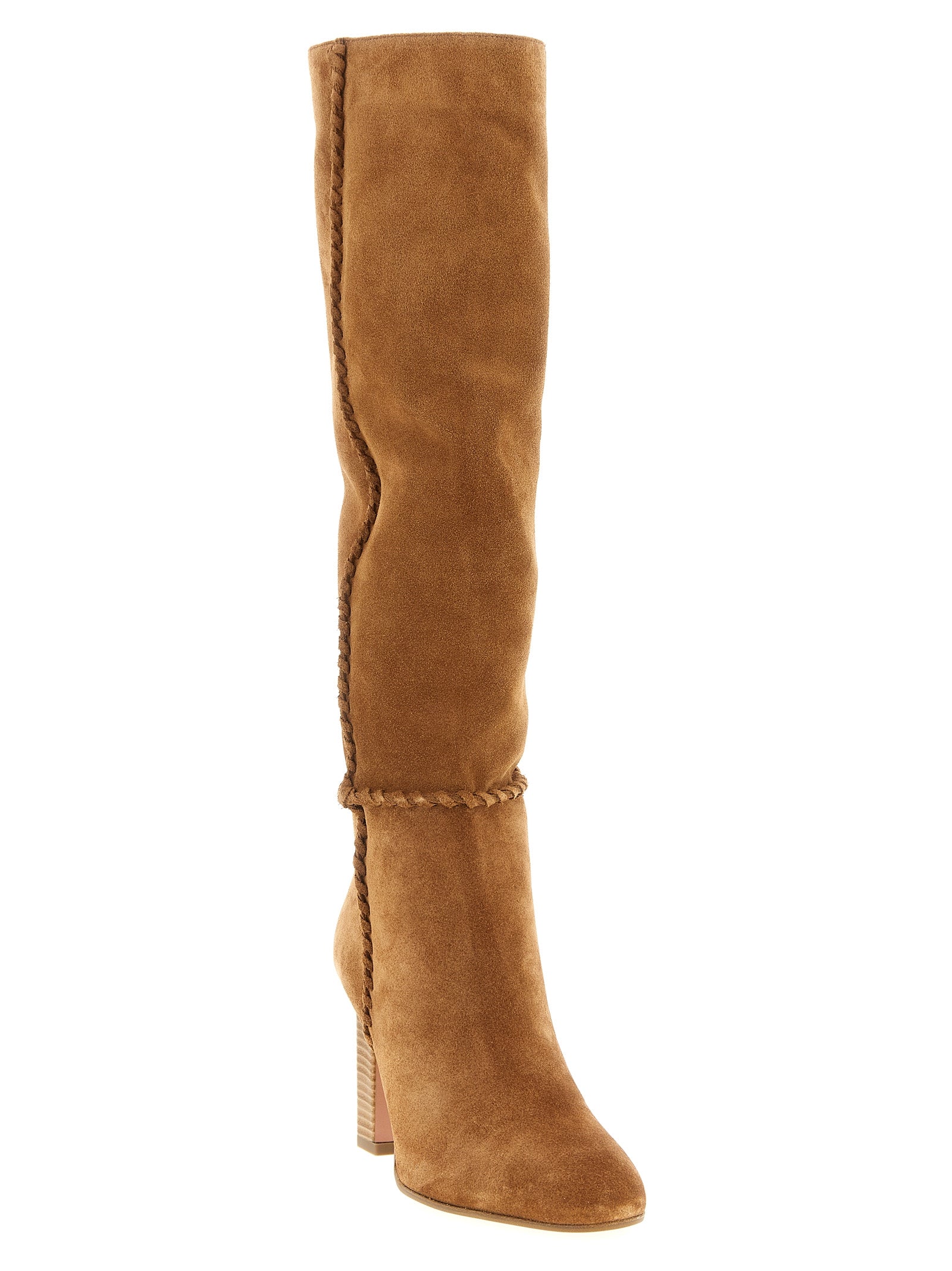 Experience the allure of Aquazzura's Beige Calfskin Over The Knee Boots, where Italian craftsmanship meets timeless elegance, perfect for the discerning fashion connoisseur.