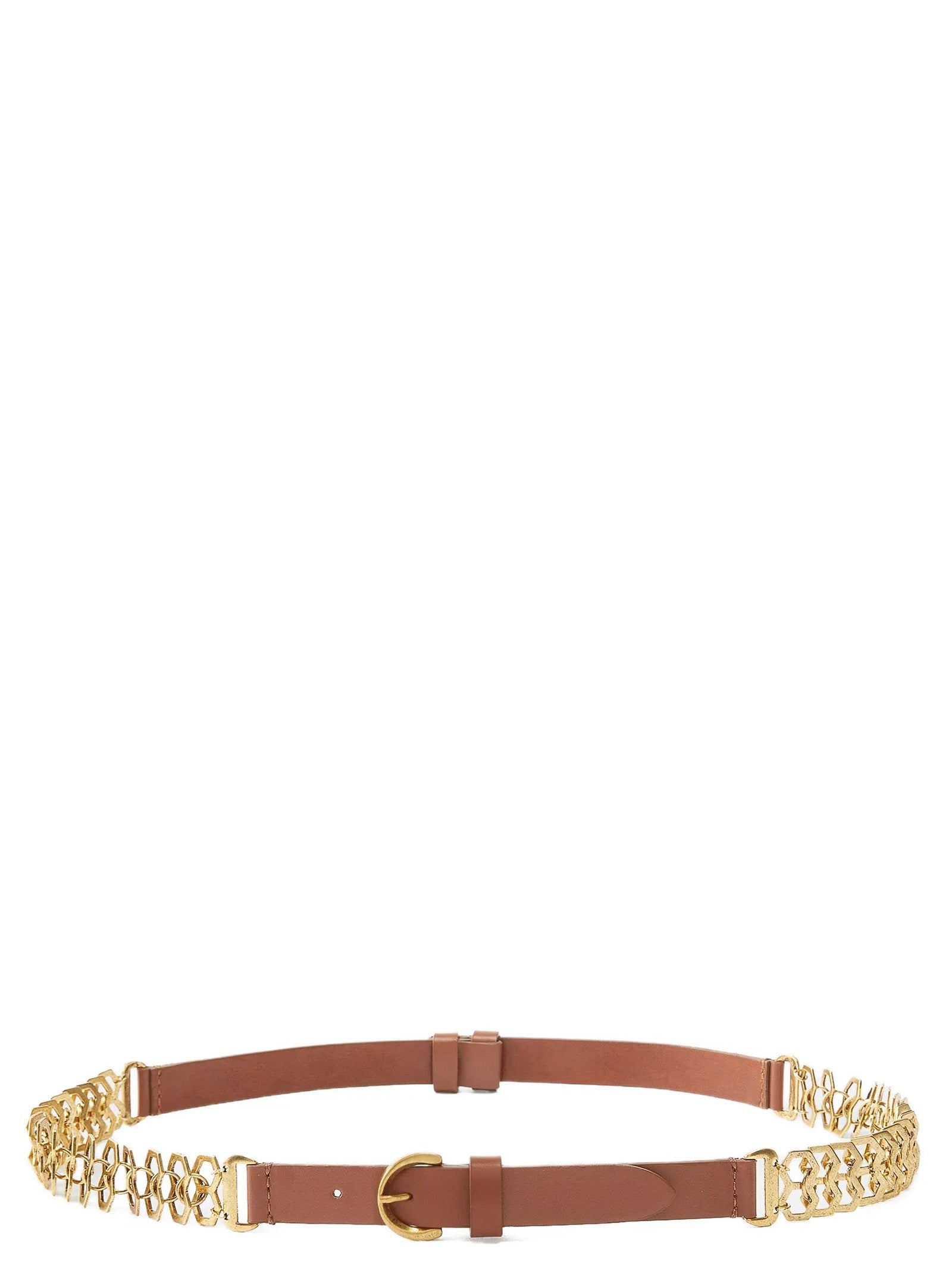 Elevate your style with PINKO's Brown Calfskin Regular Belt, a luxurious Italian-crafted accessory featuring a chic chain insert and radiant gold buckle, perfect for any refined wardrobe.