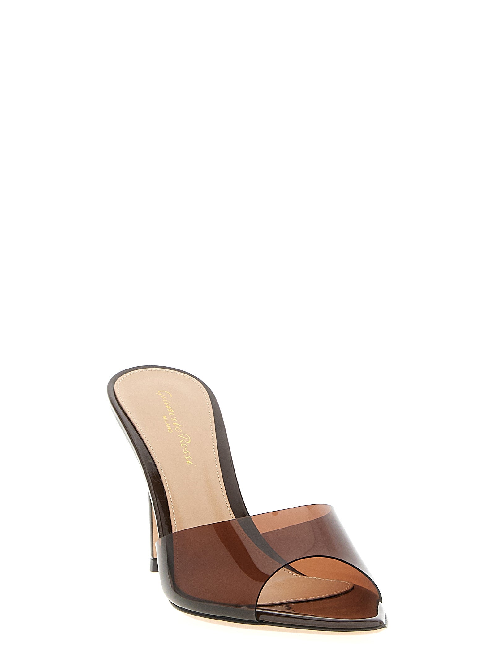 Elevate your elegance with Gianvito Rossi's Brown Plastic Stiletto Heel Sandals, crafted from premium TPU for a luxurious allure that embodies modern sophistication.