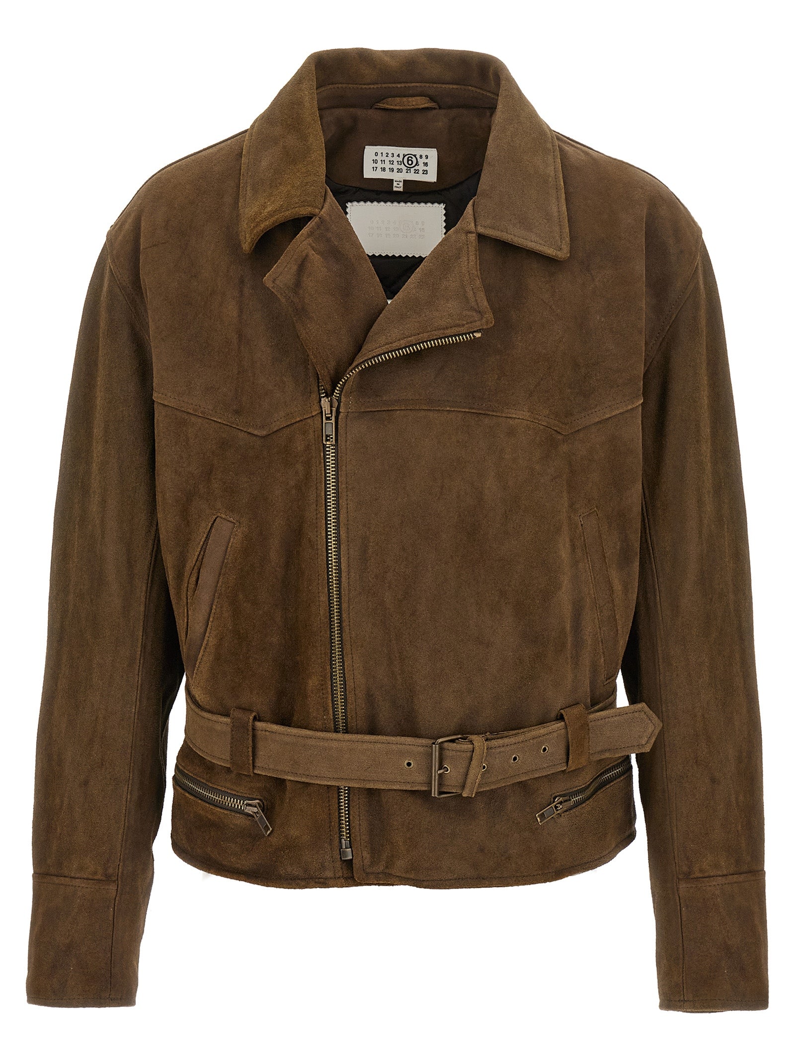 Elevate your wardrobe with the MM6 Maison Margiela Brown Calfskin Leather Jacket, a luxurious blend of edgy sophistication and timeless craftsmanship, perfect for discerning individuals.