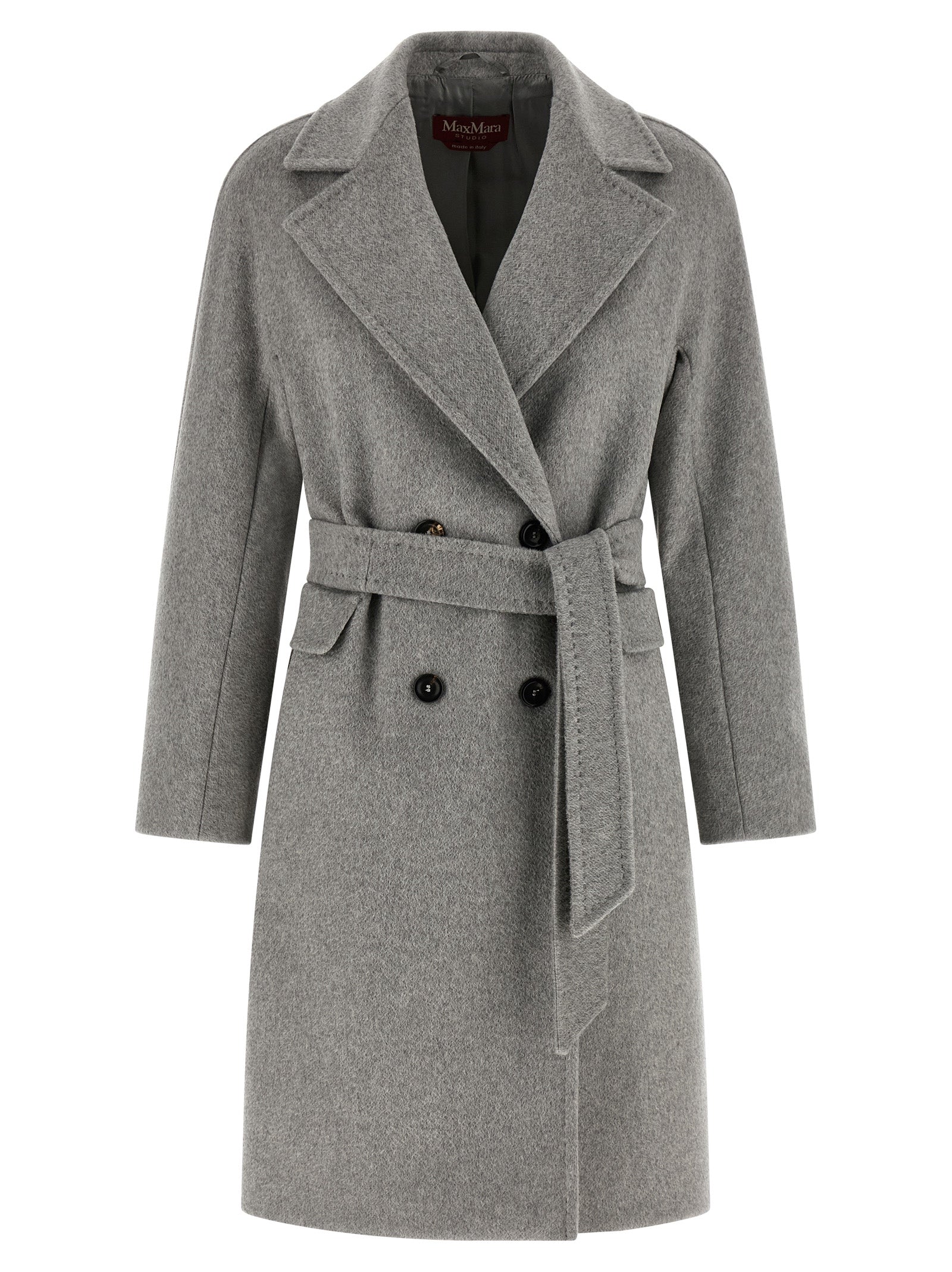 Indulge in the Max Mara Gray Cashmere Coat, a luxurious blend of cashmere, alpaca, and wool, embodying timeless elegance and sophisticated style for every occasion.