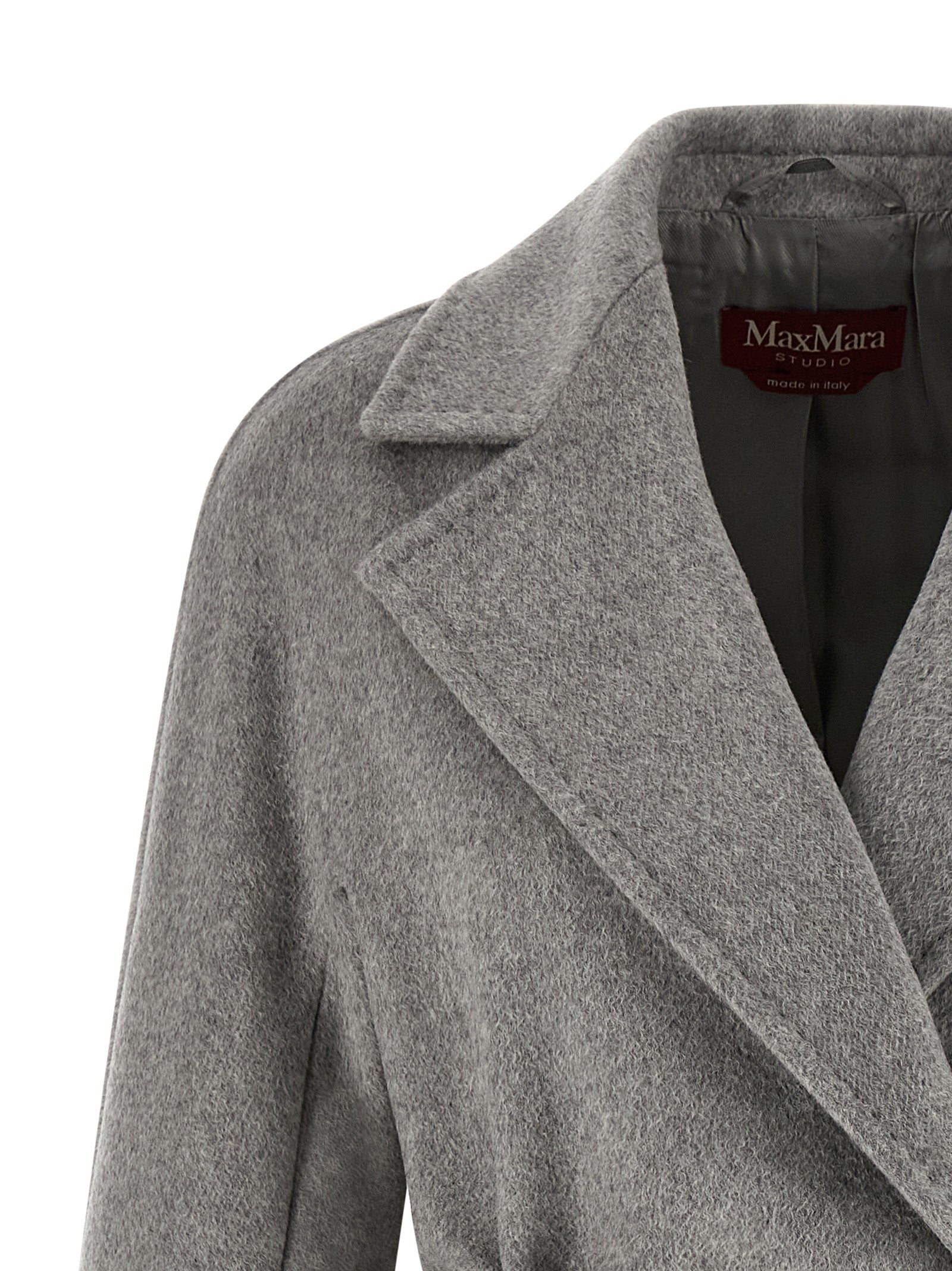 Indulge in the Max Mara Gray Cashmere Coat, a masterpiece of artisan couture blending cashmere, alpaca, and wool for timeless elegance and sophistication.