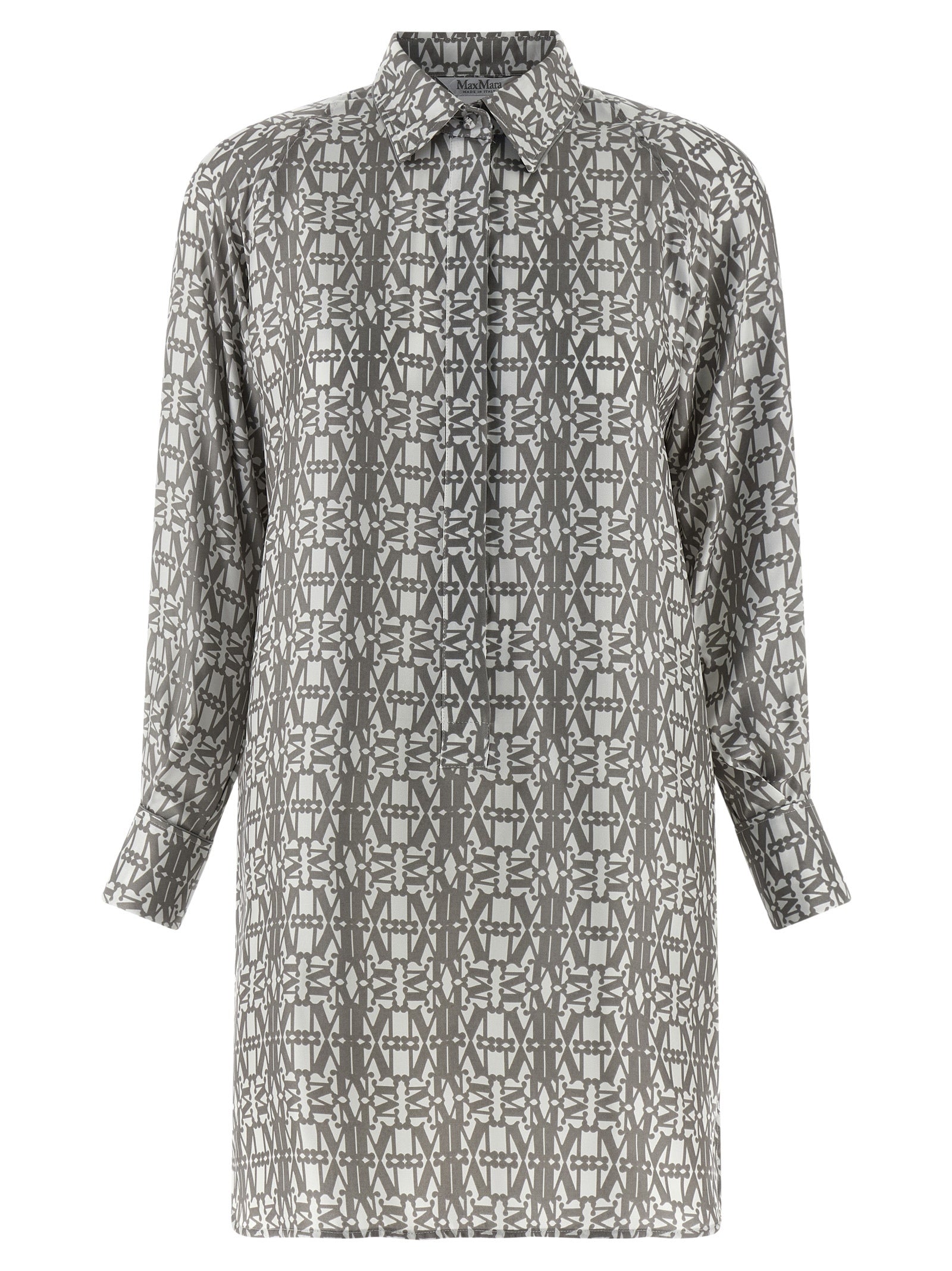 Elevate your wardrobe with the Max Mara Gray Silk Short Dress, a masterpiece of pure silk twill and Monogram elegance, perfect for the discerning fashion connoisseur.