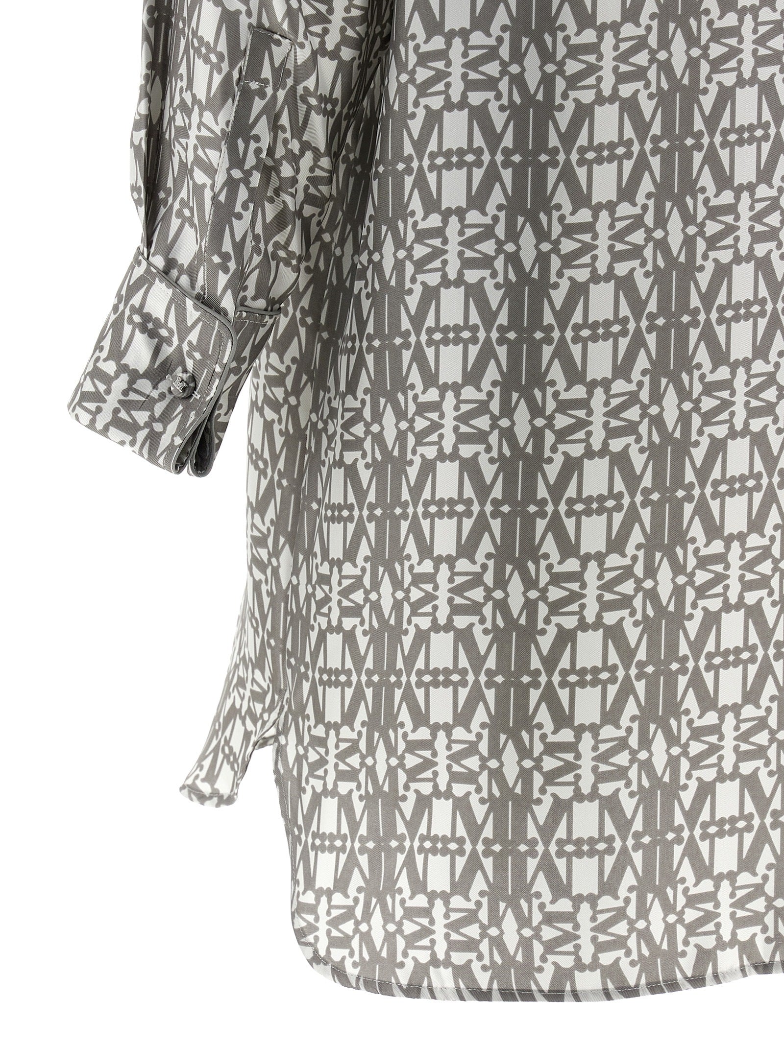 Discover the Max Mara Gray Silk Short Dress, a masterpiece of pure silk twill adorned with an exquisite Monogram print, embodying timeless elegance and sophisticated allure.