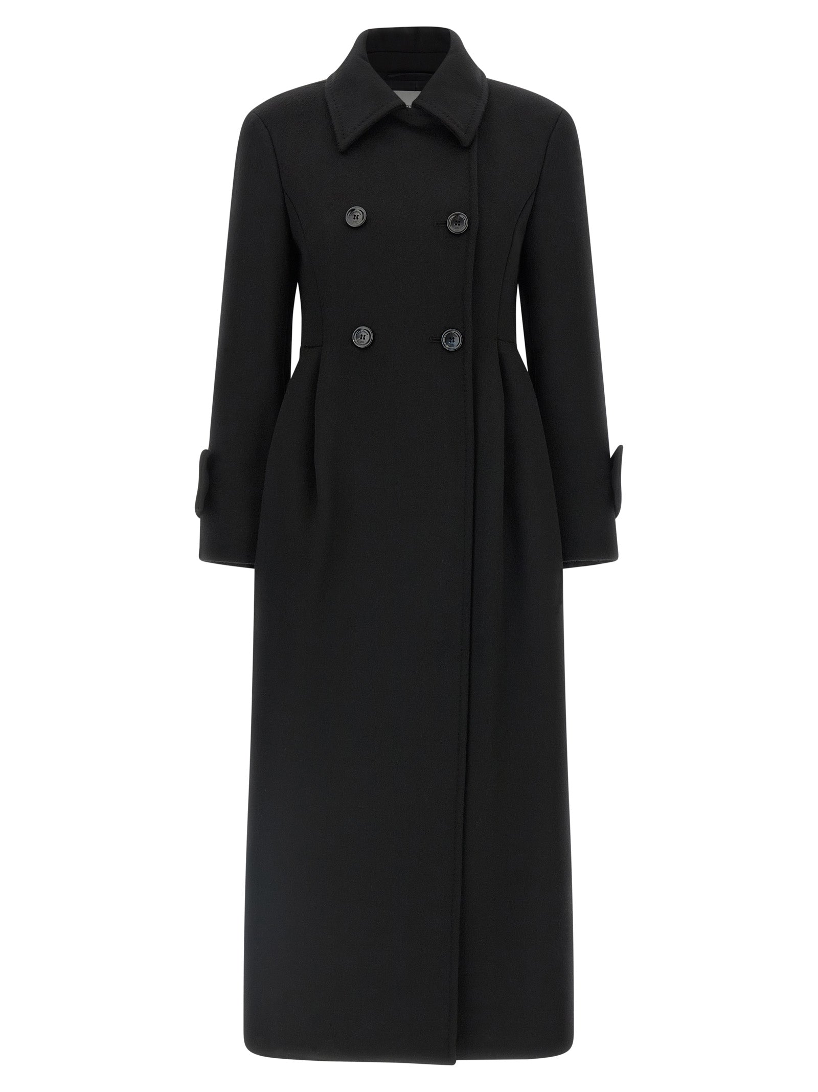 Experience the exquisite allure of the Max Mara Black Wool Coat, crafted from luxurious camel wool, embodying timeless elegance and Italian artistry for the discerning individual.